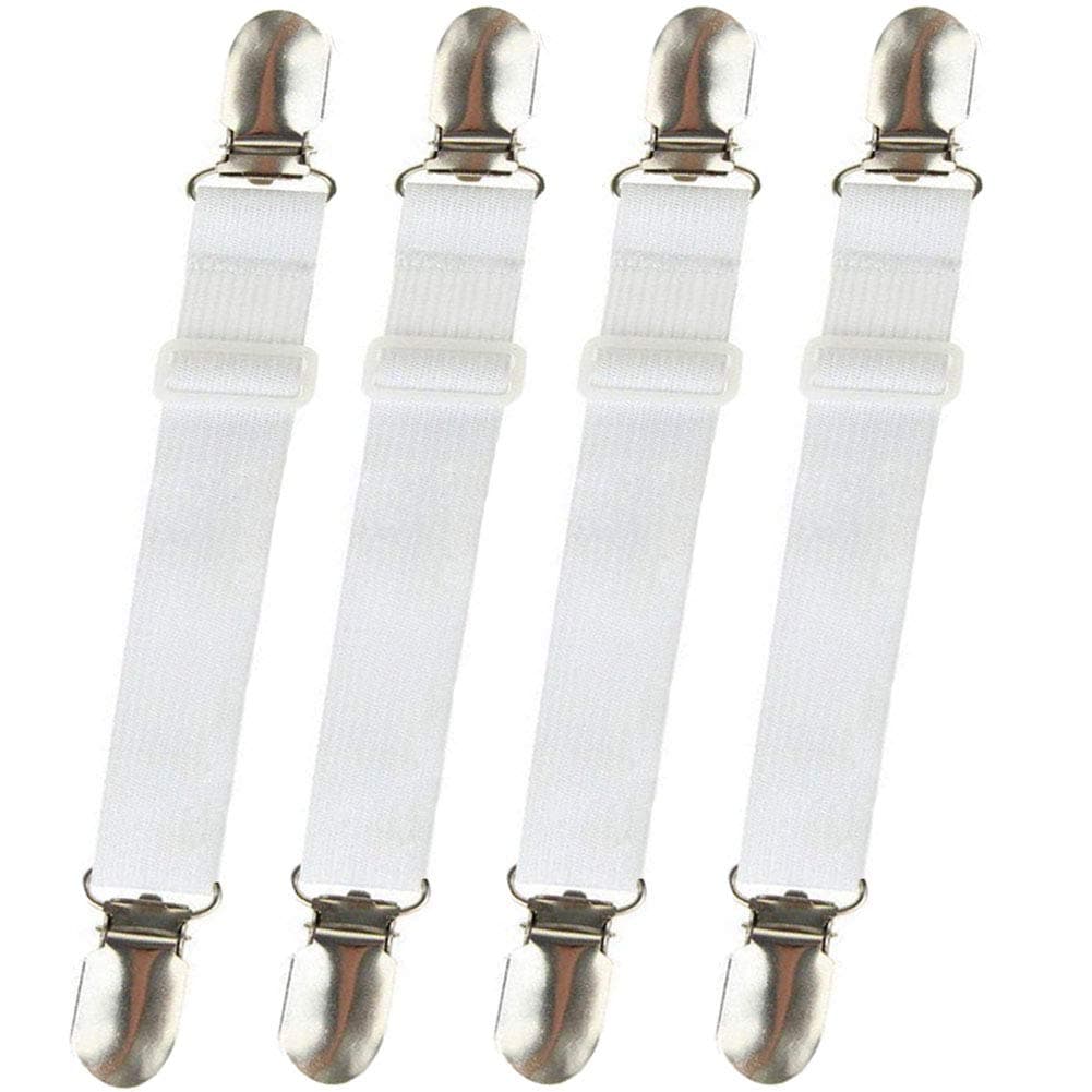 Linligoing 4Pcs Adjustable Bed Corner Holders Elastic Band Sheet Suspender Mattress Straps Fasteners Grippers Metal Clips (White)