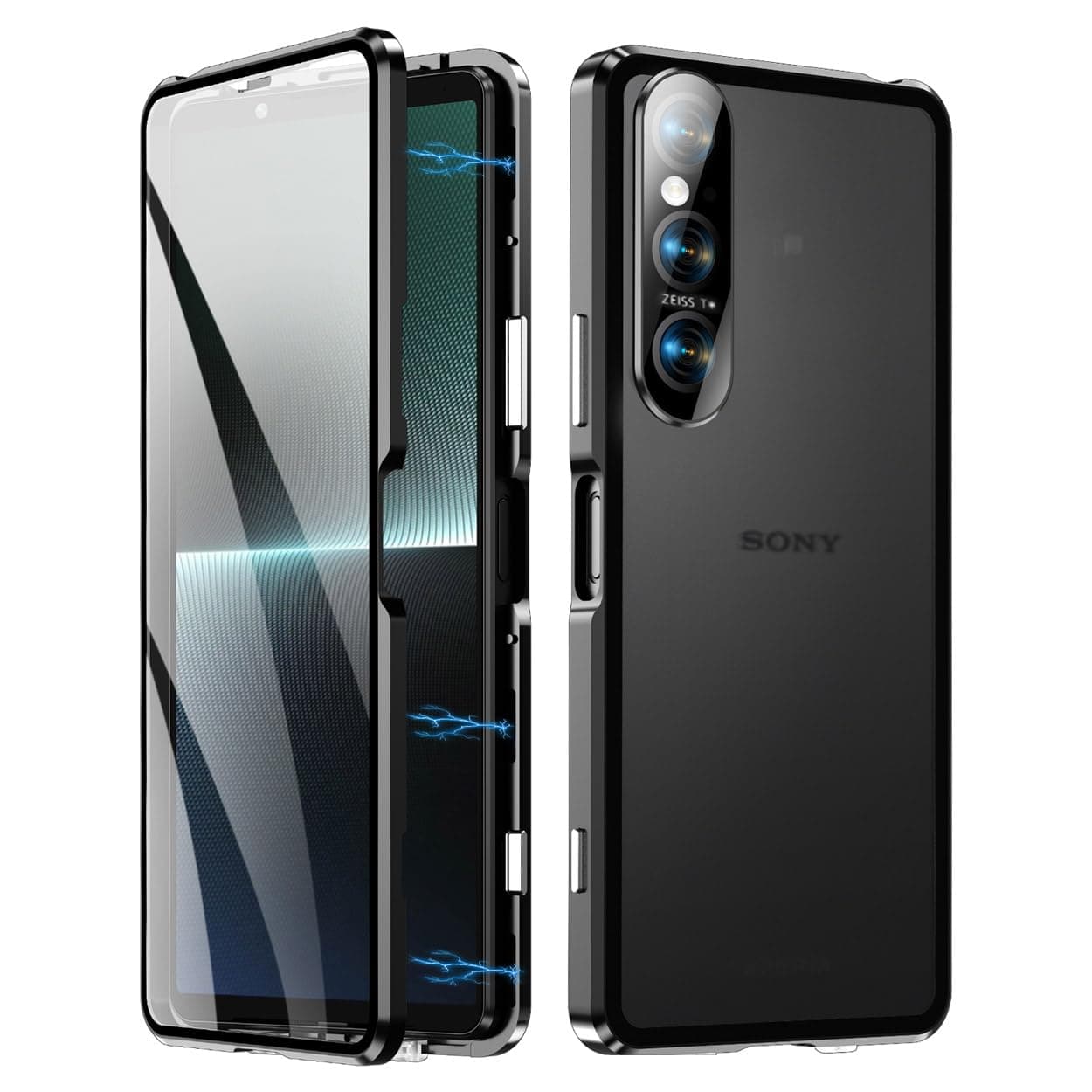 Case Compatible with Sony Xperia 1 VI 5G,Magnetic Body Metal Frame Double Sided Clear Tempered Glass Cover,Black