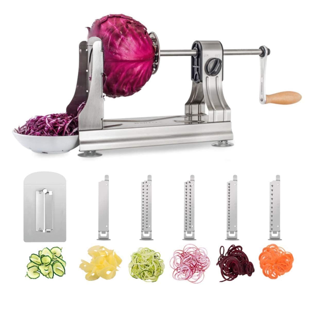 WellToBe Vegetable and fruit Spiralizer Spiral Mandoline Slicer and Peelers , Veggie Pasta Spaghetti Maker for Healthy Low Carb/Paleo/Gluten - 6-Blade 304 Food Steel Body & Includes Blade Storage Box
