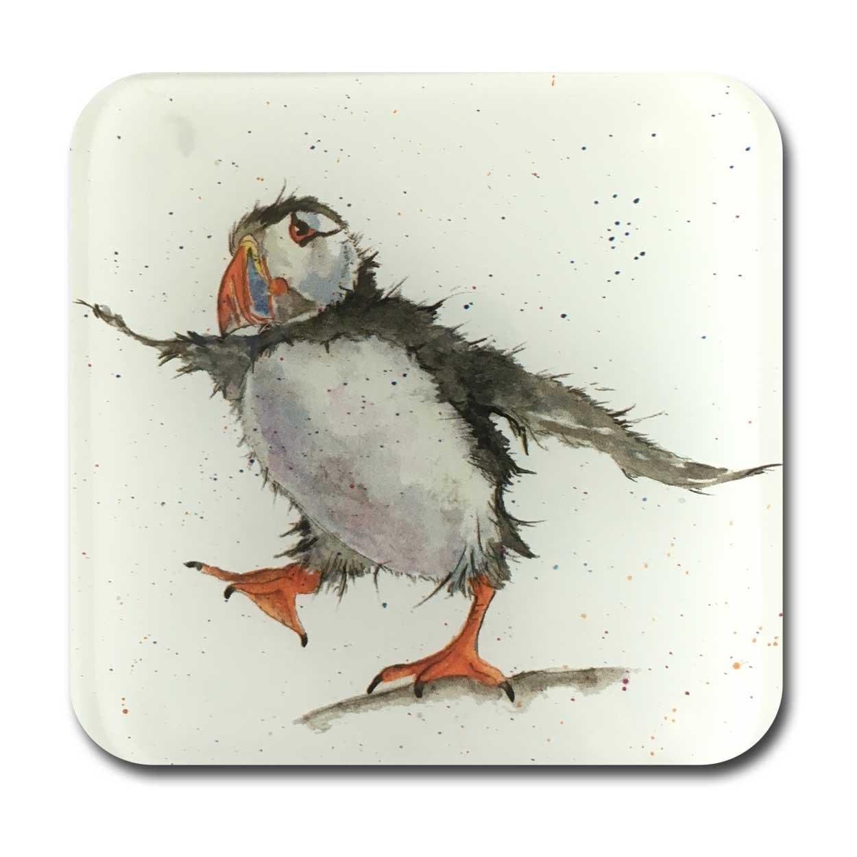 Sarah Boddy Puffin Glass Coaster - Premium Drinks Mat, Artist Illustrated, 10cm x 10cm, Recycled Glass, Watercolour Puffin Illustration, Single Coaster