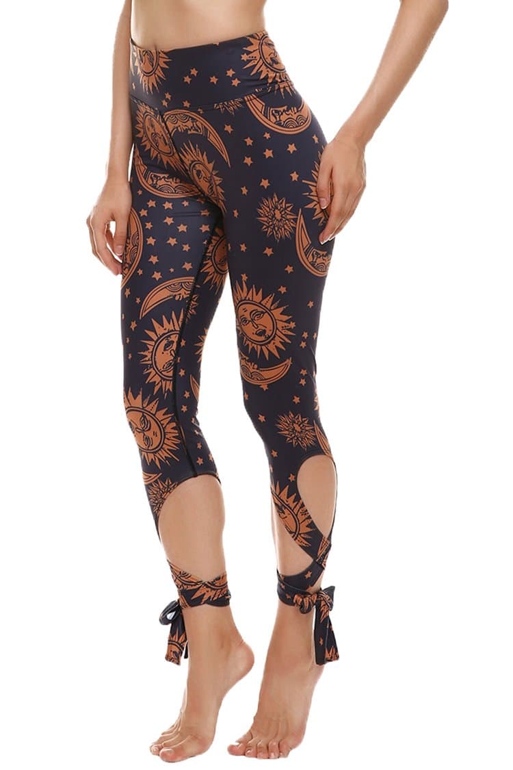 Womens Sun/Moon Print Skinny Capri Tights Yoga Pants Camel S