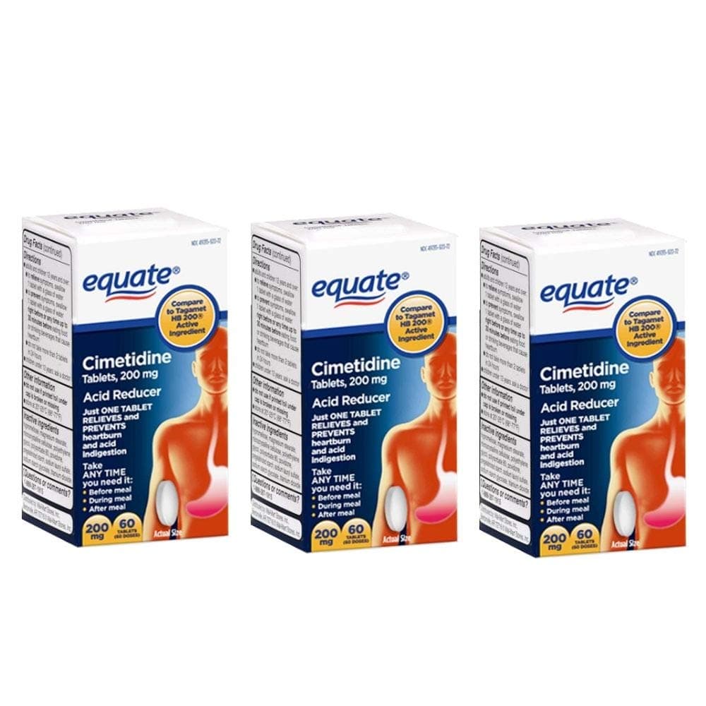 Cimetidine 200 mg - Heartburn Relief, Stomach Acidity Reducer by Equate, 60 Tablets (Pack of 3)