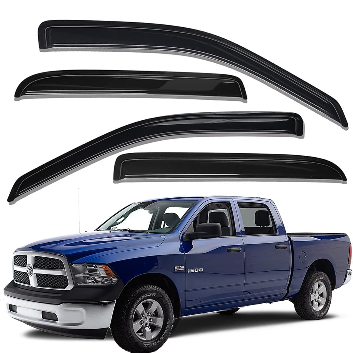 WV94109 Outside-Mount Window Deflector & Visor Rain Guard, Dark Smoke 4-PCS Set, Fit 2009-2018 Dodge Ram 1500, 2010-2024 Ram 2500/3500 Crew & Mega Cab, 2019-2023 Ram 1500 Classic Crew Cab