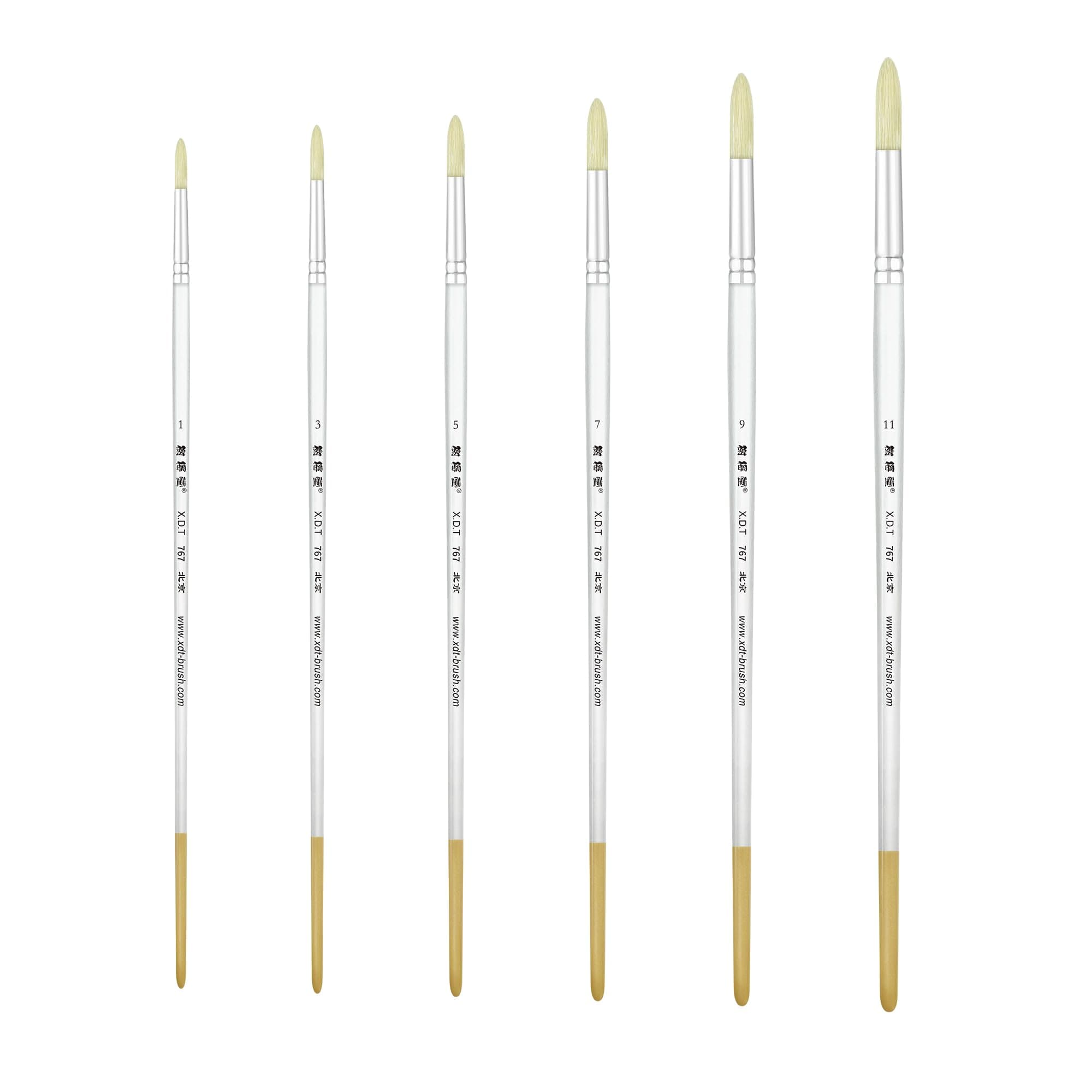 XDT#767 Round Artist Paint Brush 6 Piece Set Medium Stiff Hog Bristle Extra Long Handle #1#3#5#7#9#11, Oil Acrylic Watercolor