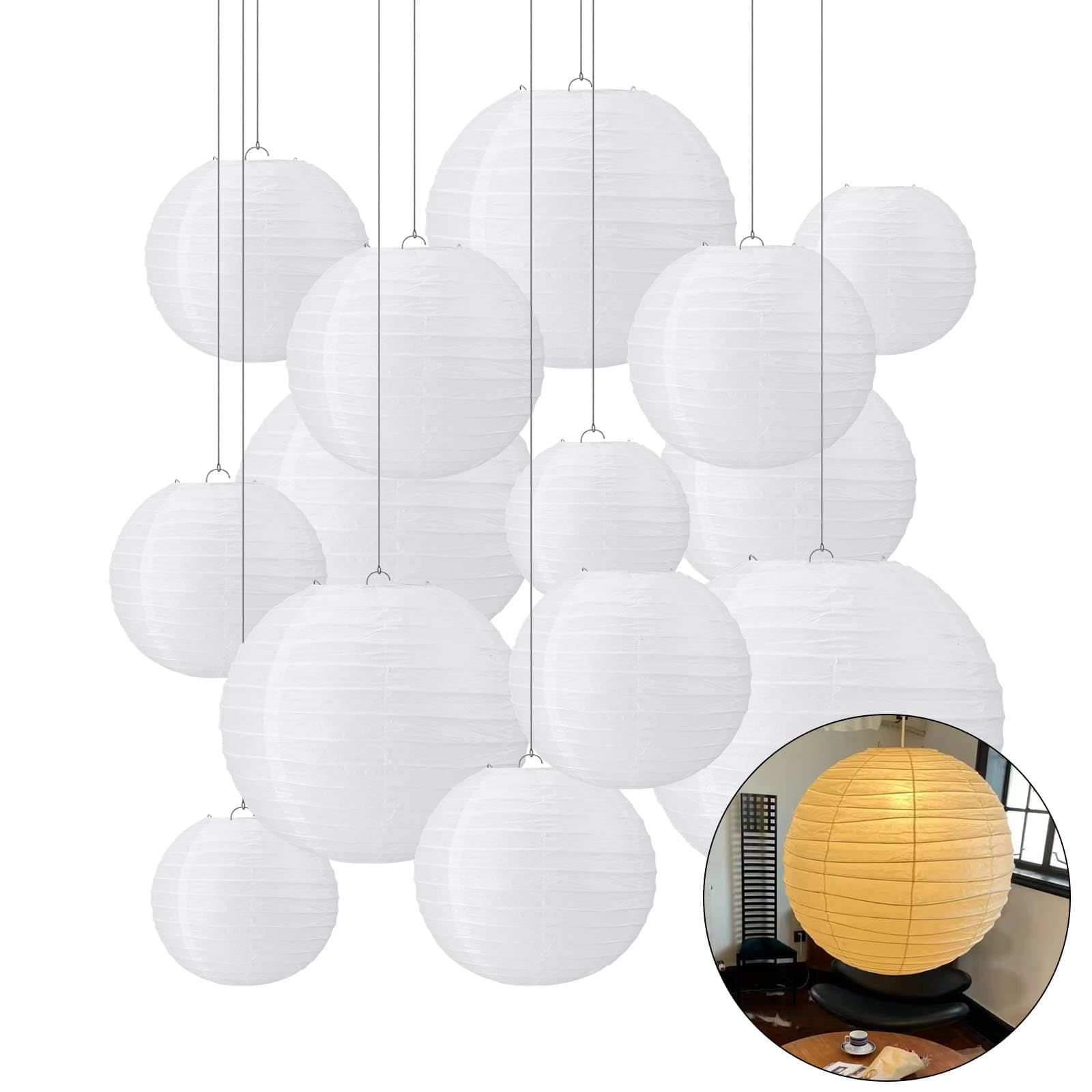 White Paper Lanterns 4" 6" 8" 10" 12", Chinese Lanterns for Outdoor Indoor, Hanging Decorations, Lampshades Assorted Sizes for Wedding Festival Party