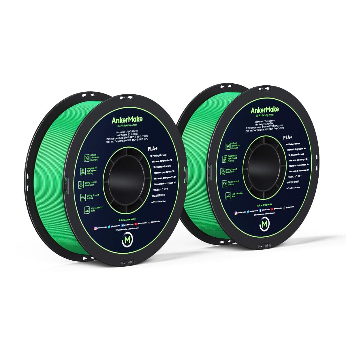 AnkerMake PLA+ 3D Printing Filament, AnkerMake Official Filament, 2-Pack, 4.4 lb / 2 kg, Smooth, High-Adhesion Rate, Designed for High-Speed Printing - Green