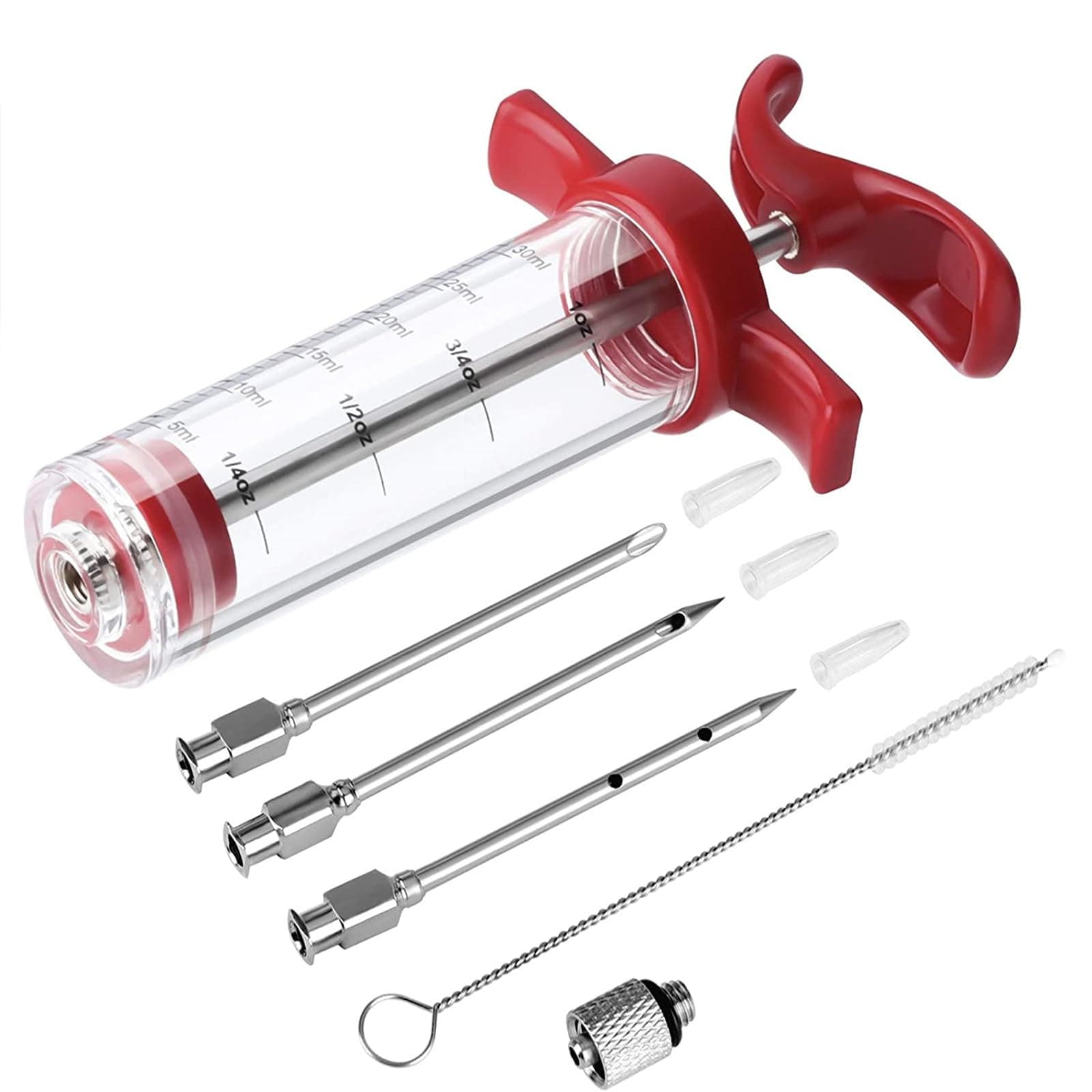 Meat Injector Syringe - 3 Marinade Injector Needles for BBQ Grill, Premium Portable Turkey Injector kit for Smoker,Marinades Injectors for Meats With 1oz Large Capacity 1 Brush Easy to Use & Clean Red