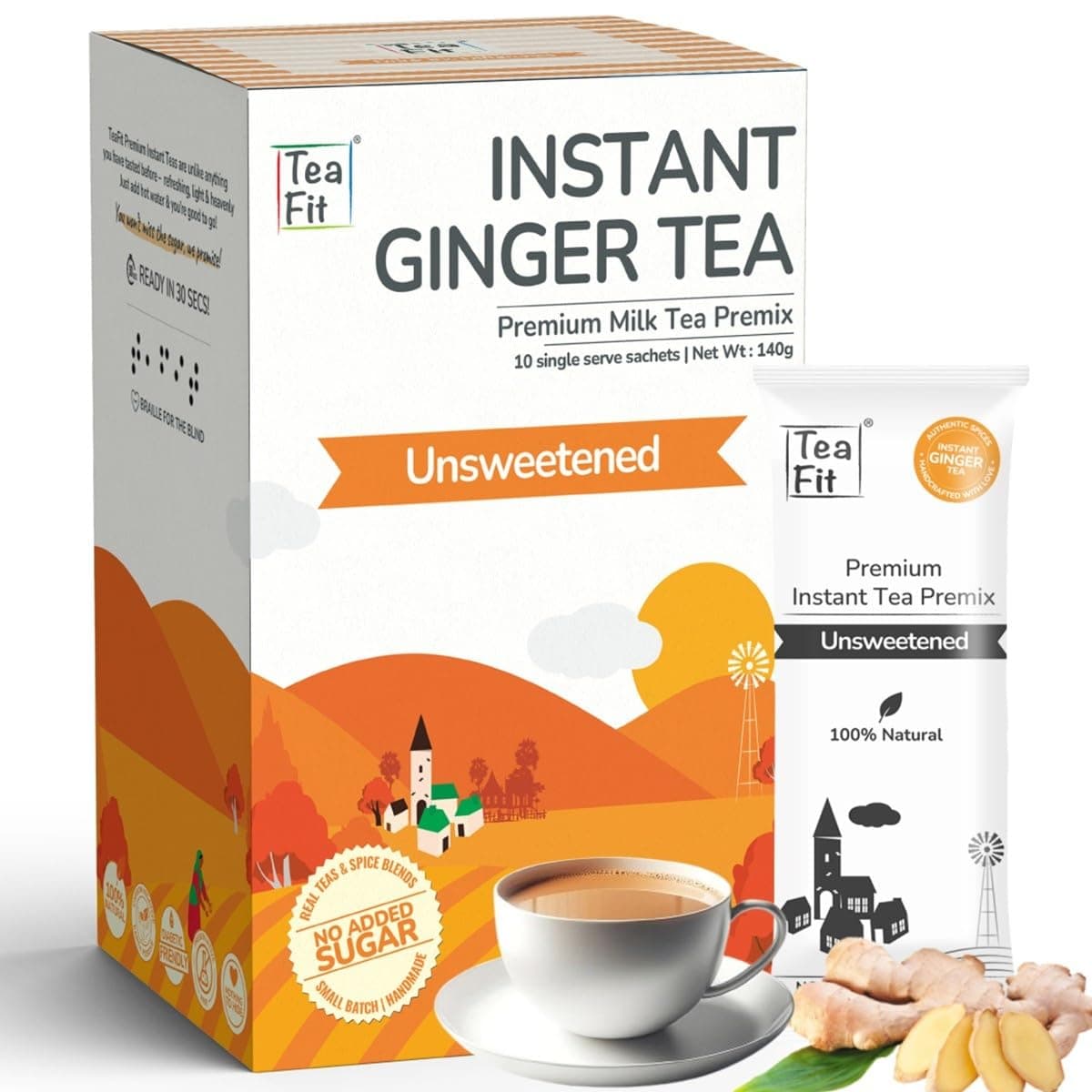 TeaFit NO SUGAR Instant Ginger Tea Premix (Pack of 10 Sachets) | Strong Adrak Kadak Chai | Milk Tea Premix | Travel Wellness Pack | Sugar Free Chai | Diabetic Friendly
