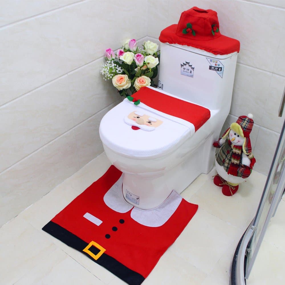 Jentay Cute Snowman Santa Claus Toilet Seat Cover and Rug Set for Bathroom Christmas Decorations