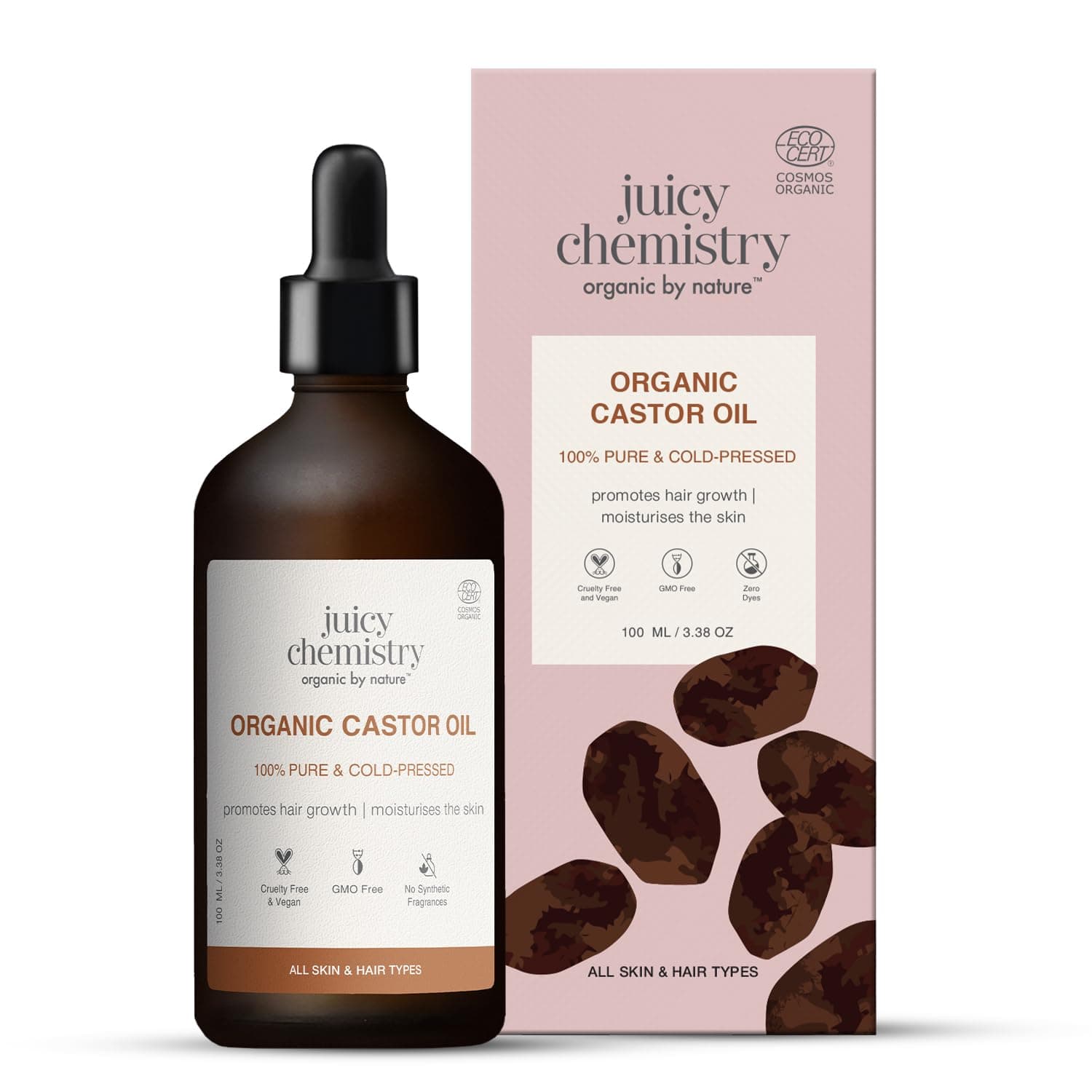 Juicy Chemistry Organic Castor Oil, 100 ml | 100% Pure, Virgin, Cold Pressed & Certified Organic Carrier Oil | Boost Hair Growth for Thicker, Fuller & Stronger Hair | For Eyebrows & Eyelashes Growth