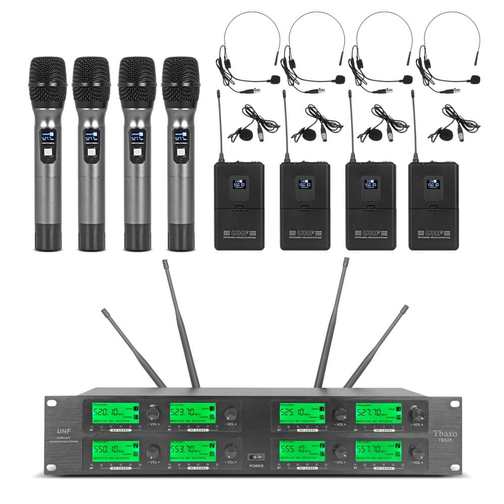 Frequency A Wireless Microphone System 8 Channel Microphone UHF 4 Handheld Mic 4 Headset 4 Lavalier Bodypack 4 Lapel Mic Pro Audio Karaoke System Church Speaking Conference Wedding Party