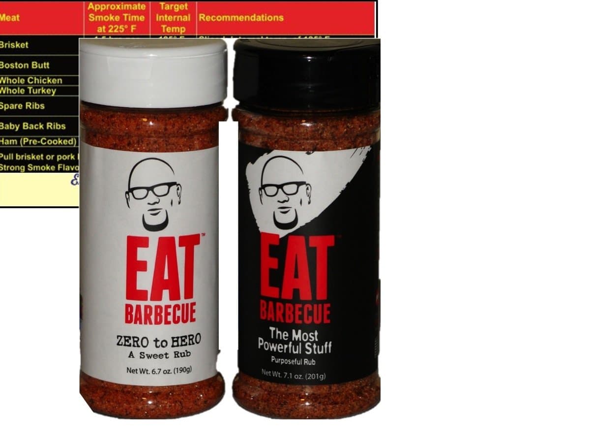 Eat Barbecue The Most Powerful Stuff Rub 7.1 oz and Eat Barbecue Zero to Hero Sweet Rub 6.7 oz with Complimentary Miniature Meat Smoking Guide Magnet Bundle