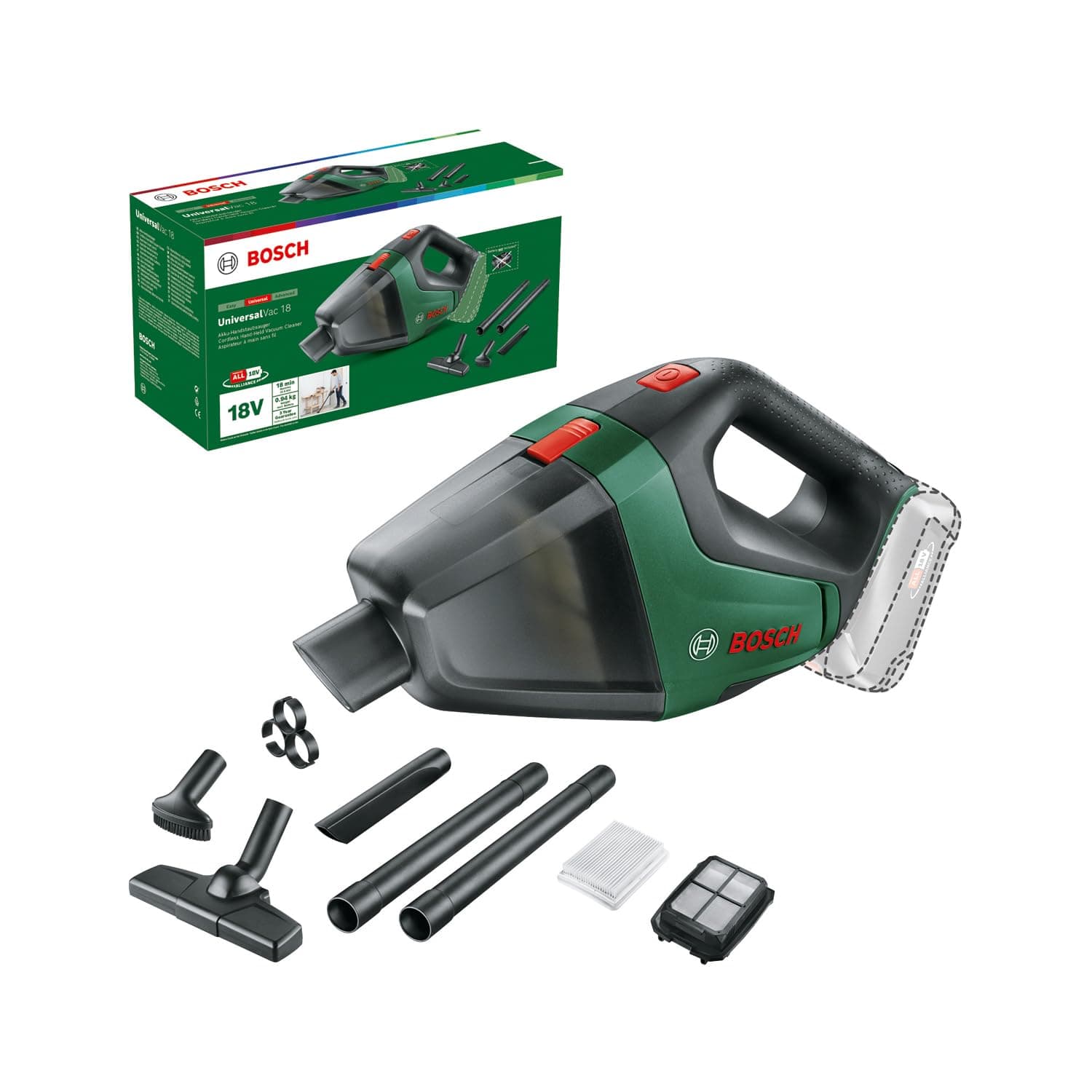 Bosch Home and Garden Cordless Vacuum Cleaner UniversalVac 18 (without battery, 18 Volt system, in carton packaging)
