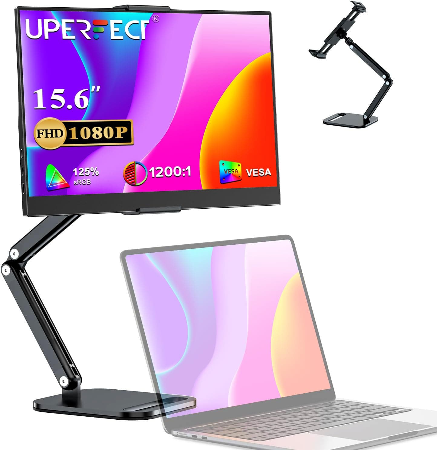 UPERFECT Portable Monitor 15.6" 1080P FHD Travel Screen with Mini HDMI/One USB-C, 1200:1 Eye Care IPS Portable Display, Frameless External Second Screen for Laptop/Phone/PC w/VESA (No Plug)