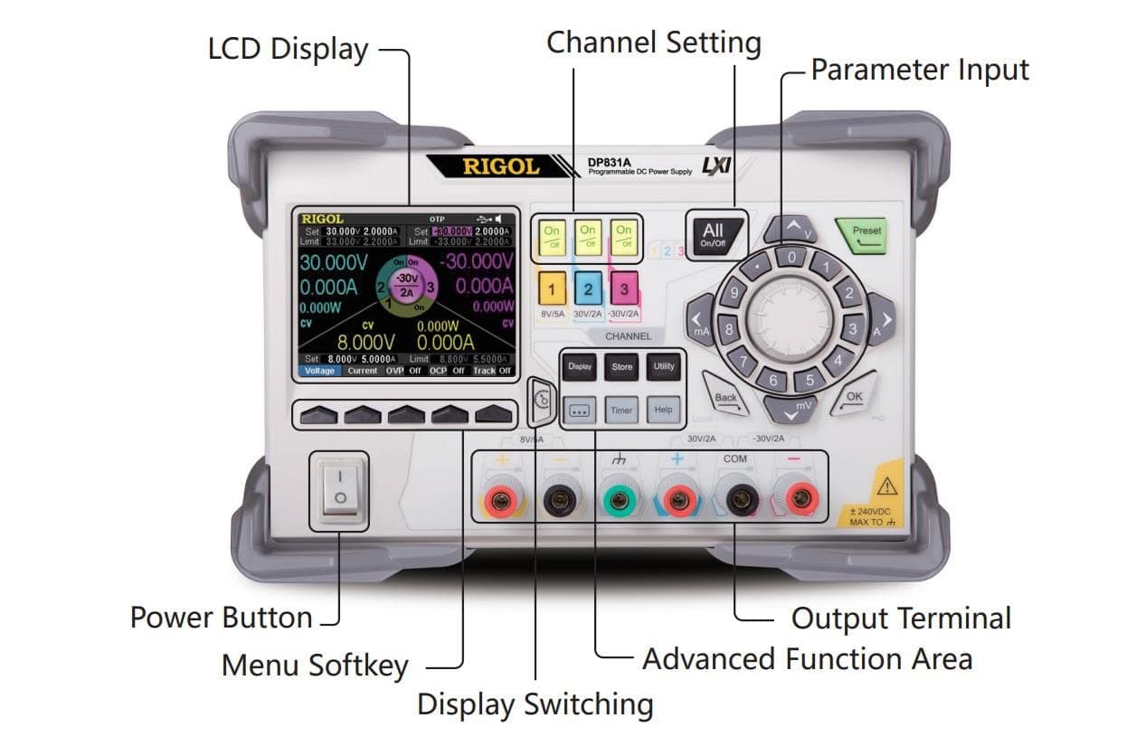RIGOL DP832 Programmable DC Voltage Regulator, 3 Channels, 195W, 30V/3A || 30V/3A, 5V/3A, Resolution 10mV/10mA, Constant Current Source, Constant Voltage Source