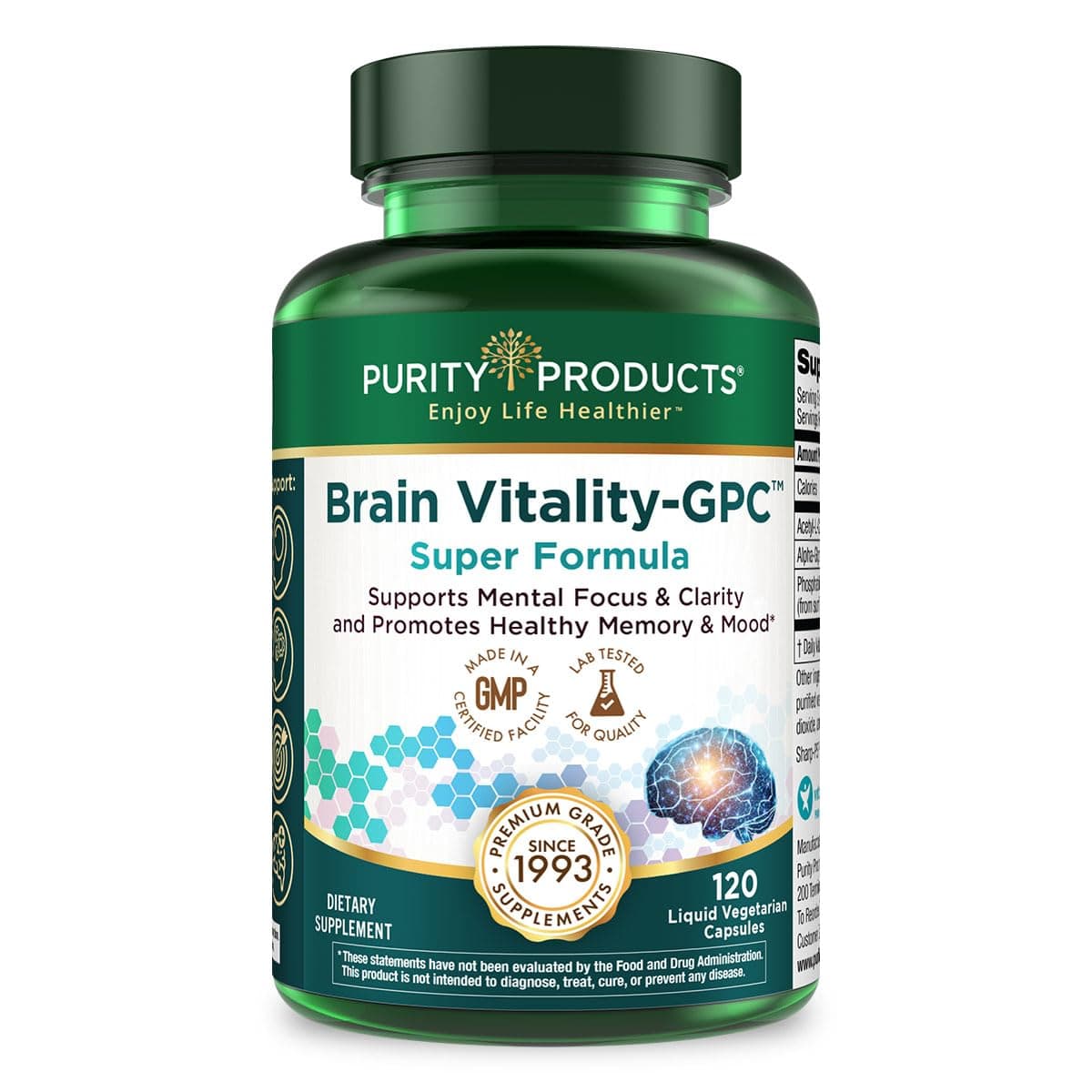Brain Vitality-GPC Super Formula Acetyl L-Carnitine HCI + Alpha GPC + Phosphatidlyserine - Supports Normal Concentration and Mental Clarity - 120 Caps