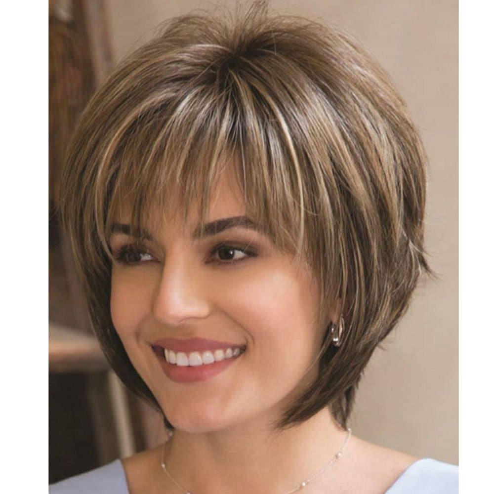 QianBaiHui Short Brown Wigs for Women Short Fluffy Brown Mix Blonde Hair Wigs with Bangs Heat Resistant Synthetic Hair Wig + Wig Cap (Brown Mix) LDS002
