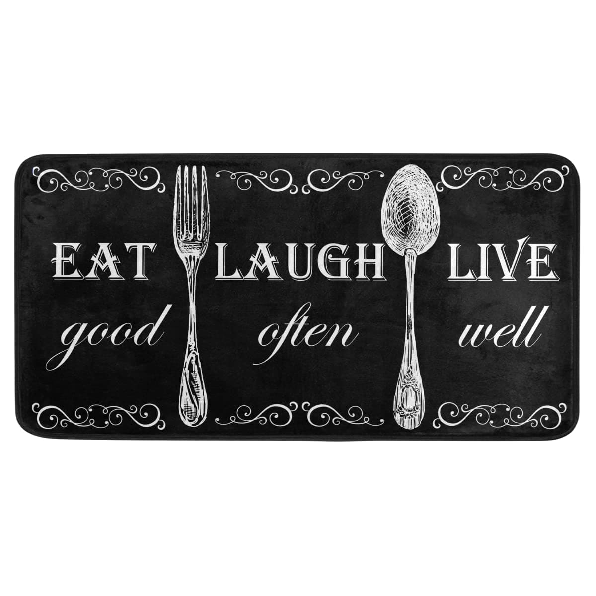 EmelivorBlack Kitchen Rug Floor Mat Eat Laugh Live Washable Kitchen Mats for Floor Anti Fatigue Cushion Comfort Mat for Kitchen