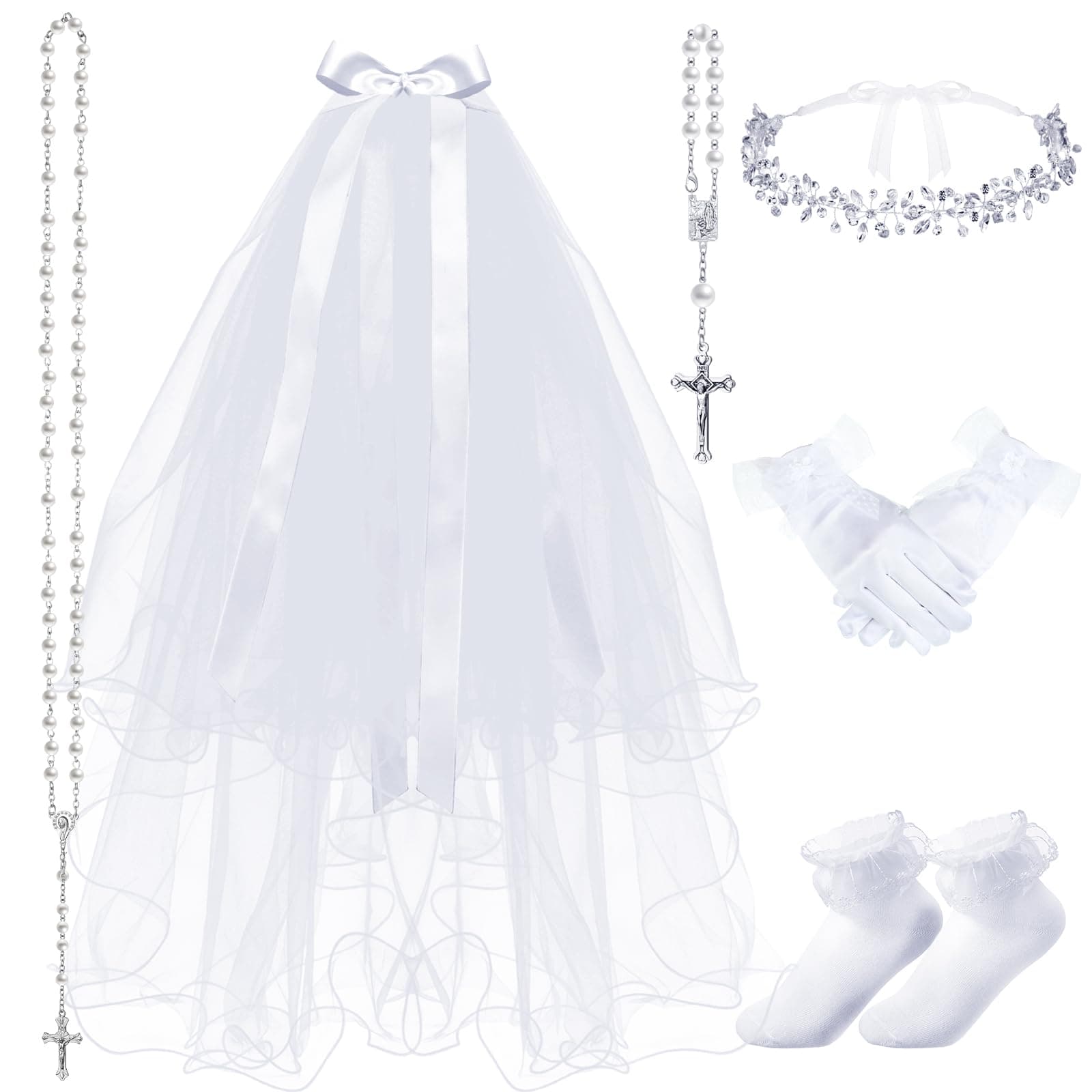6 Pcs First Communion Veils Girls Catholic Set 1st Communion Wreath Veil Headpiece Sock Necklace Bracelet Kid Wedding