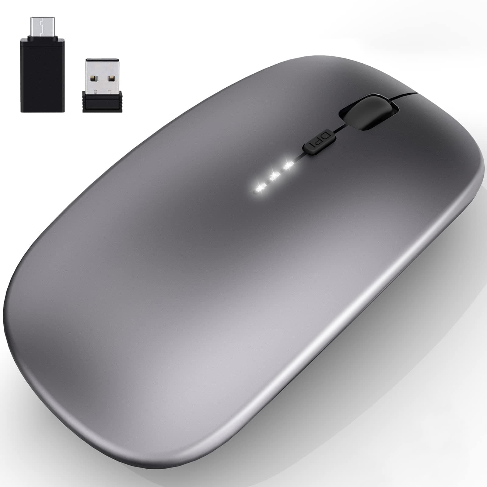 Rechargeable Wireless Mouse, 2.4Ghz Silent Computer Office Mouse, Portable Slim Optical Mouse with USB Receiver Type-C, 3-Level Adjustable DPI for Laptop, Computer, Notebook, PC (Grey)