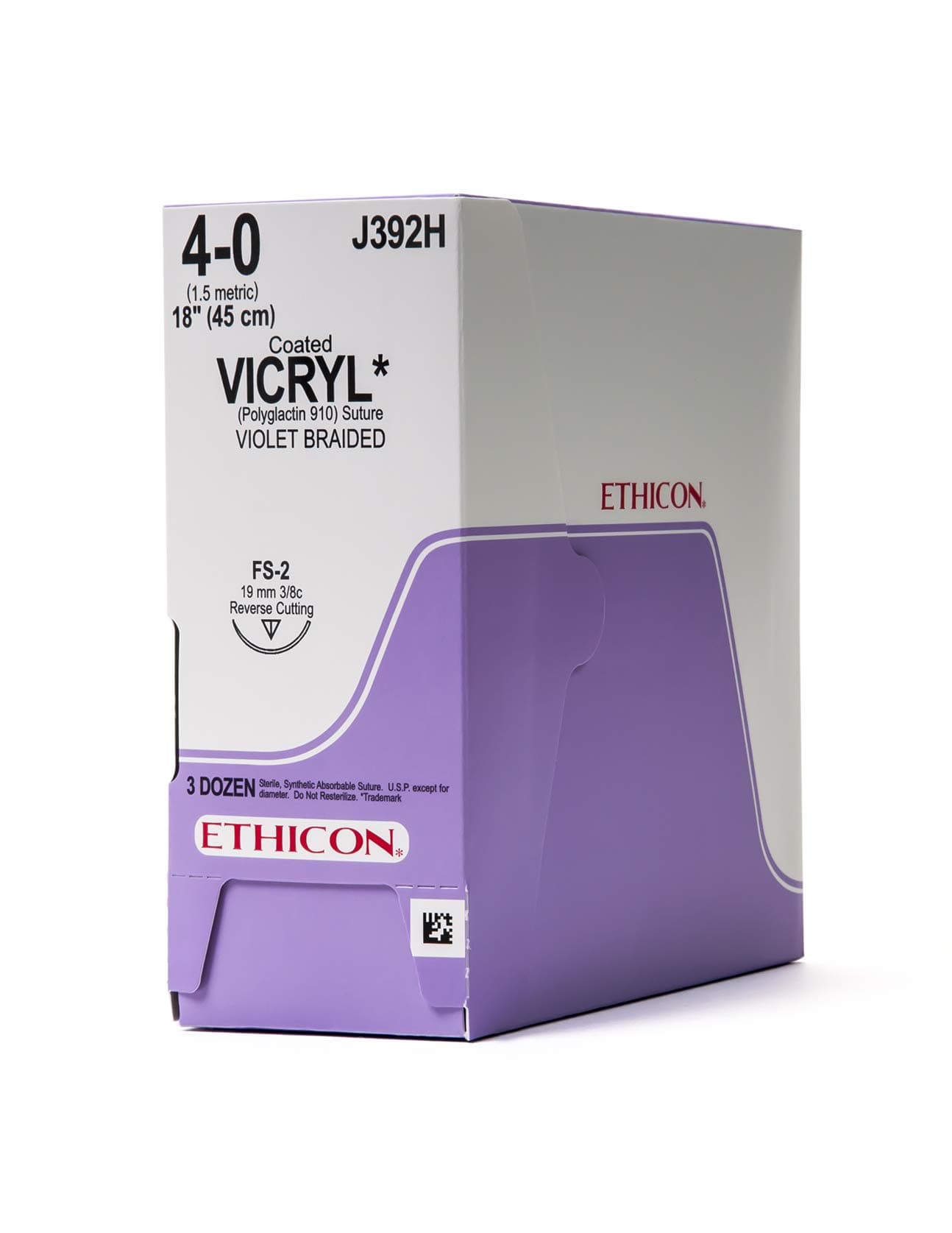 Coated VICRYL (polyglactin 910) Suture, J392H, Synthetic Absorbable, FS-2 (19 mm), 3/8 Circle Needle, Size 4- 0, 18" (45 cm), Violet