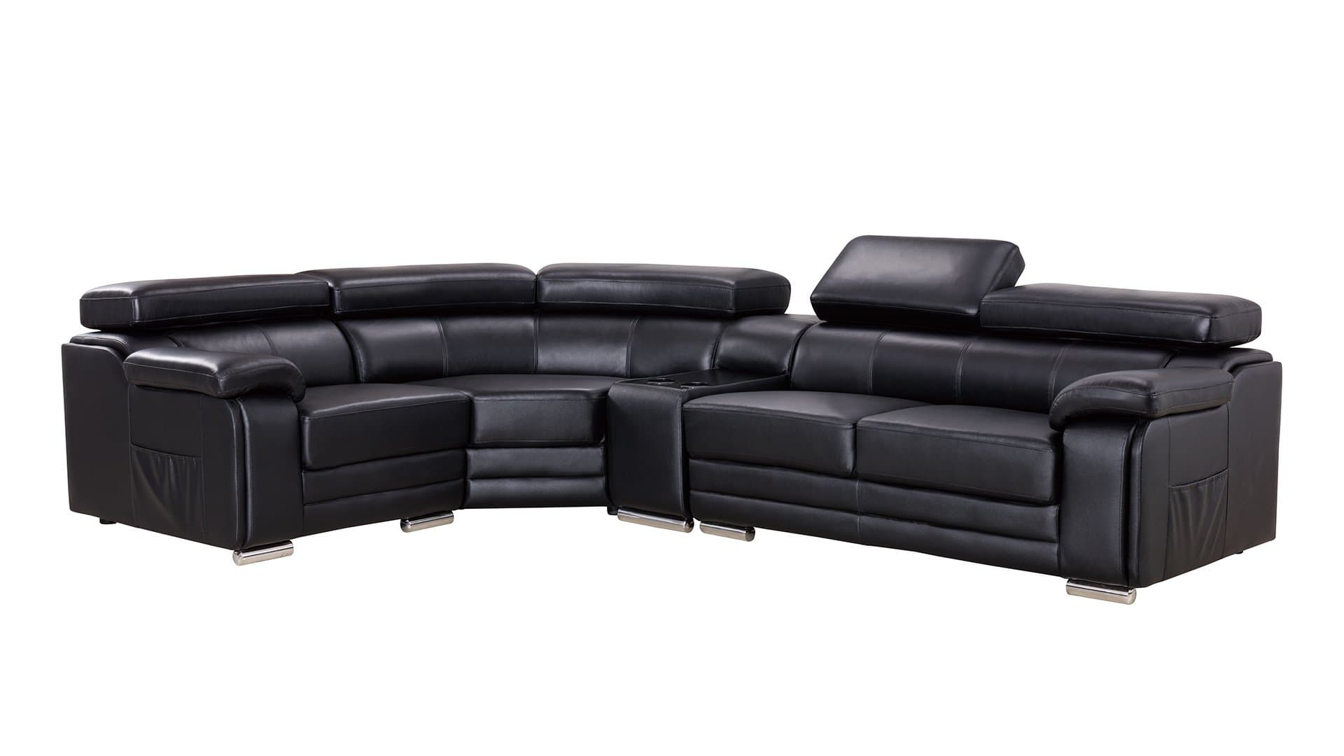 American Eagle Furniture Daphne Collection Modern Top Grain Leather Sectional Sofa With Chaise on Left Adjustable Headrests, Black