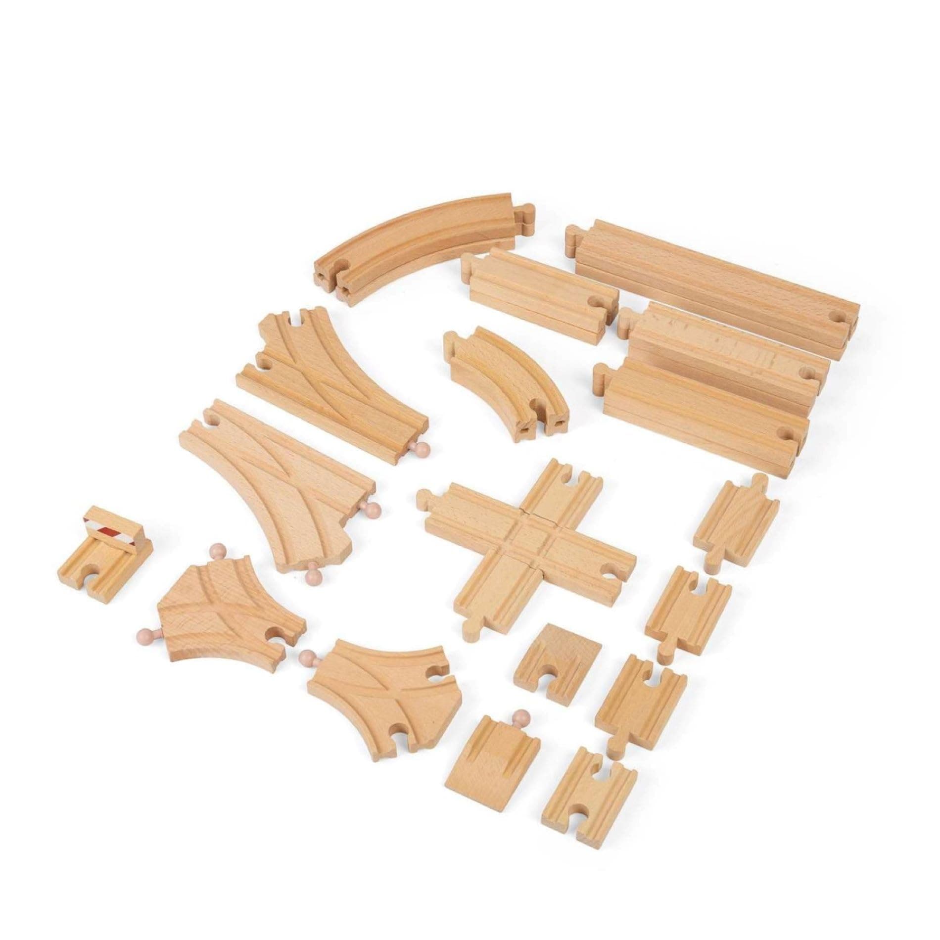 Bigjigs Rail Low Level Train Track Expansion Pack | 25 Wooden Pieces to Add on Starter Railway Set | Toy Trainset Includes Accessories, Connectors for Extension | Educational Gift for Kids ages 3+