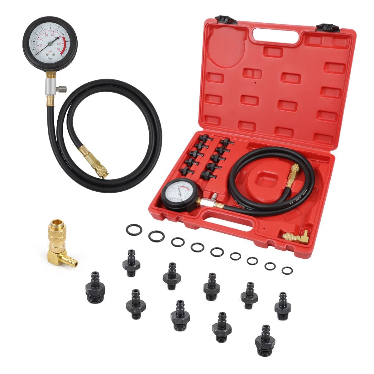 Oil Pressure r Professional Fuel Pressure Test Kit Dual Scale Oil Pressure Gauge with 10 pcs Adapters, 4 FT Long Hose,2 Types Well-sealed Quick Coupler & 8 Seal Gaskets for Cars,Motorcycles,Boats