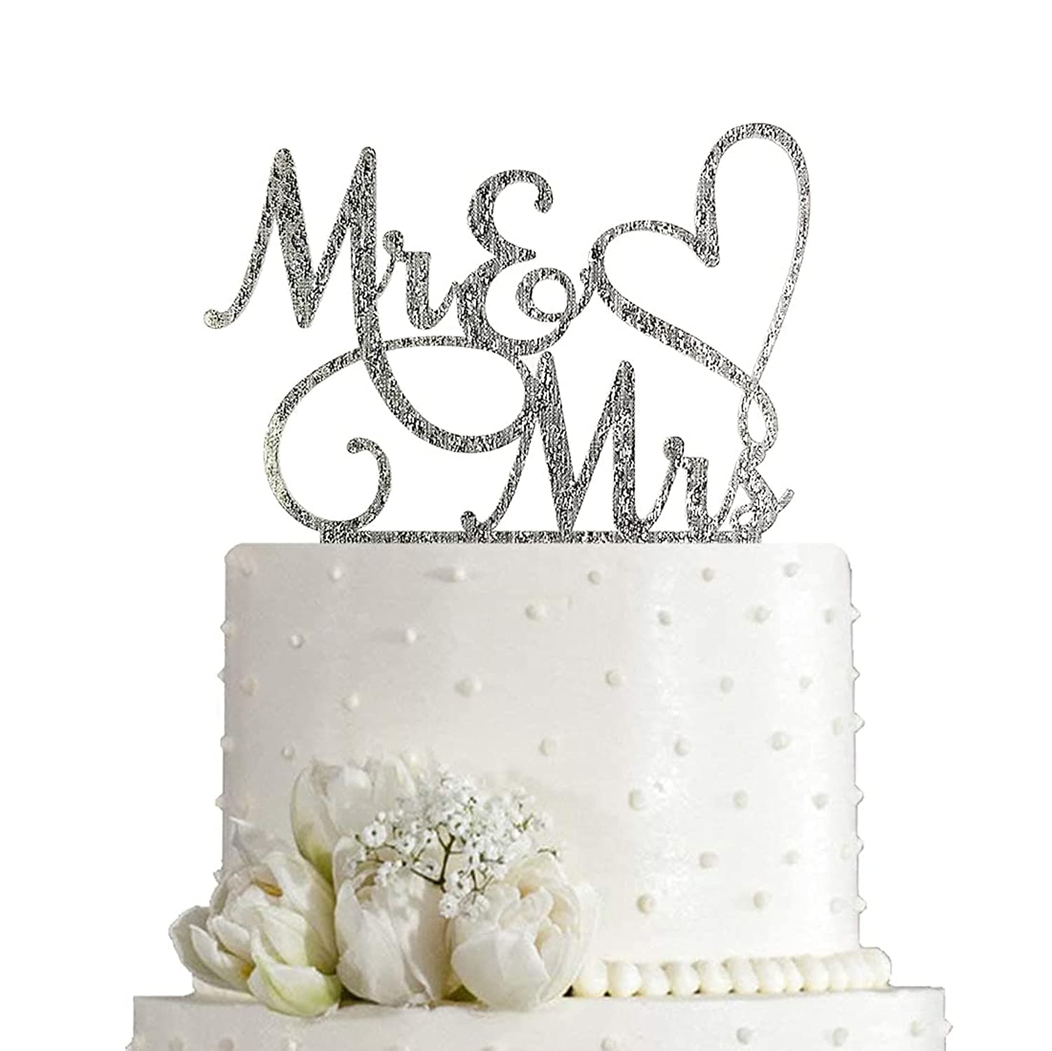 Mr and Mrs Cake Topper Decoration For Bride and Groom Sign Wedding/Engagement , Silver Glitter Acrylic