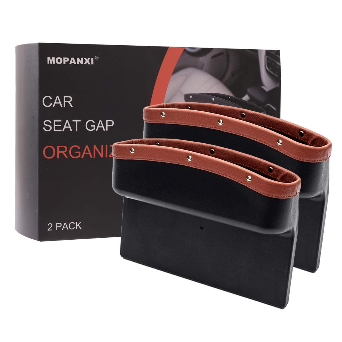 Car Seat Pockets PU Leather Car Console Side Organizer Seat Gap Filler Catch Caddy with Non -Slip Mat 9.2x6.5x2.1 inch Brown (2 Pack)