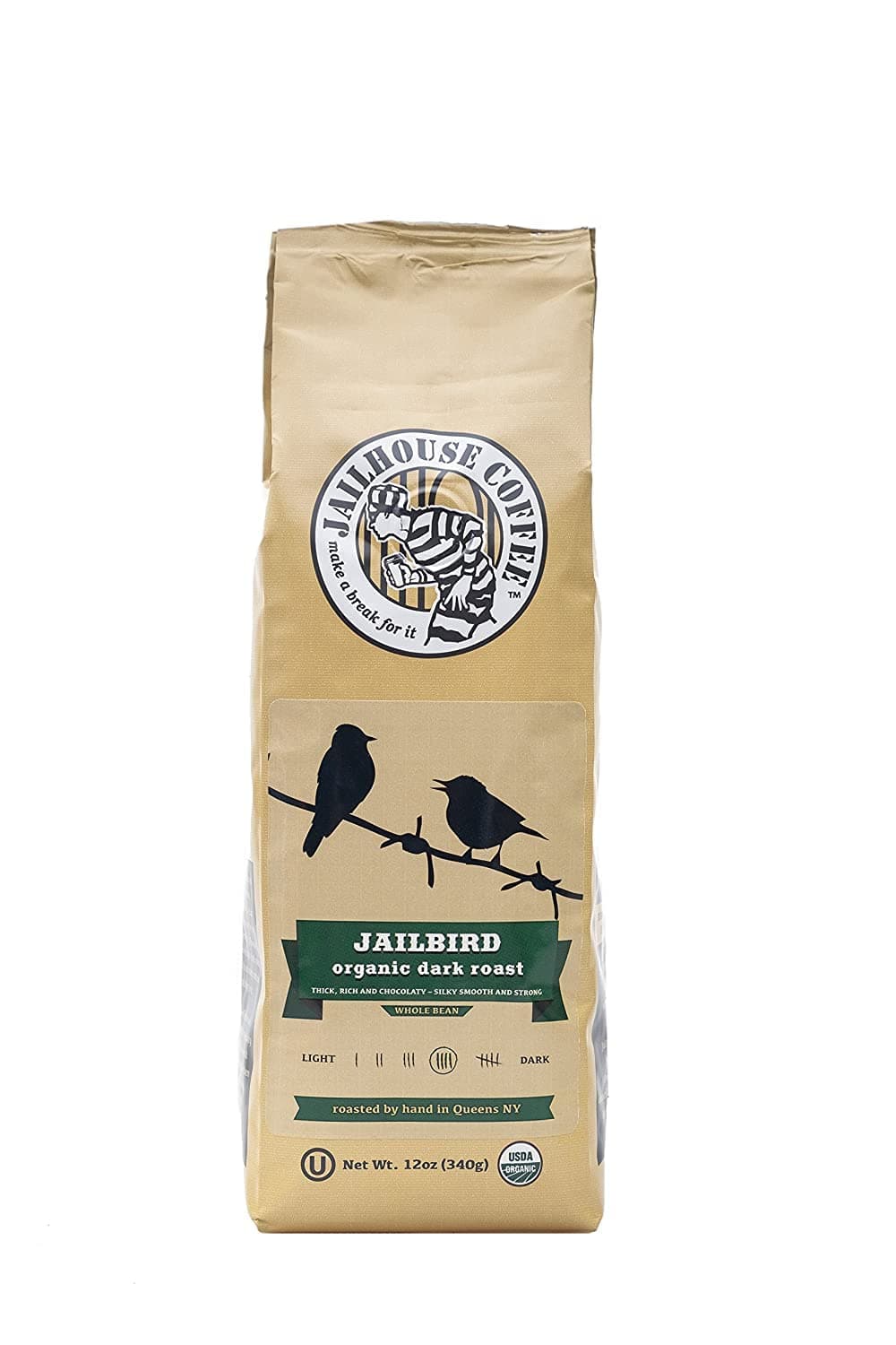 Jailhouse Coffee 'Jailbird' Organic Dark Roast Whole Bean, Medium Roast, 12 oz, Chocolaty, Strong & Smooth