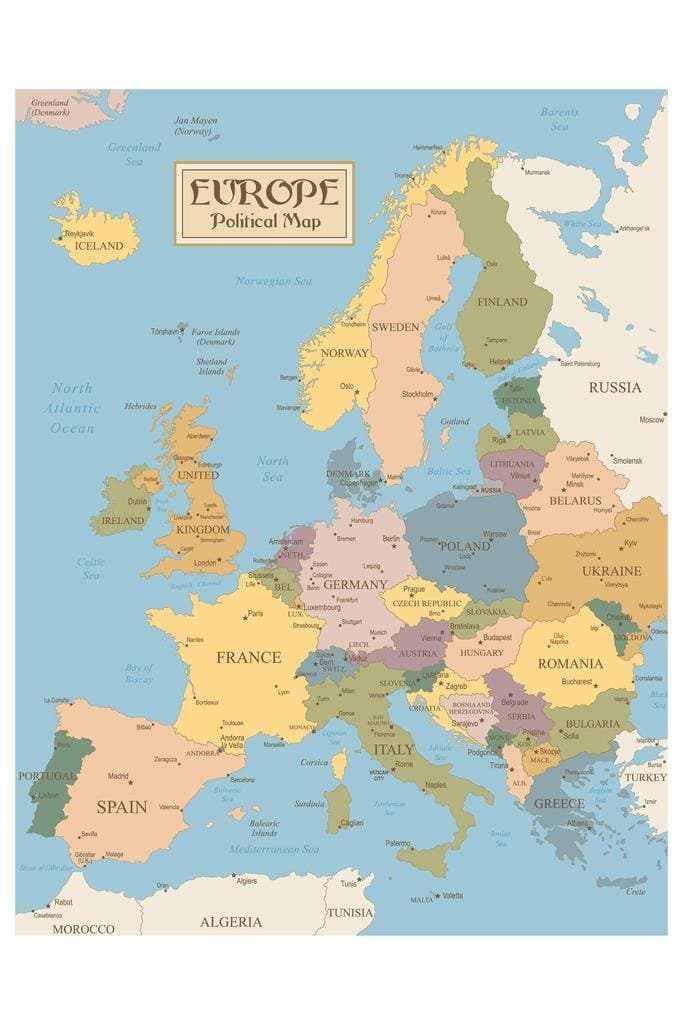 Laminated Vintage Map of Europe - Travel World Political Cities in Detail Poster - Wall Art Decor Geographical Illustration Tourist Destinations - Dry Erase Sign 16x24
