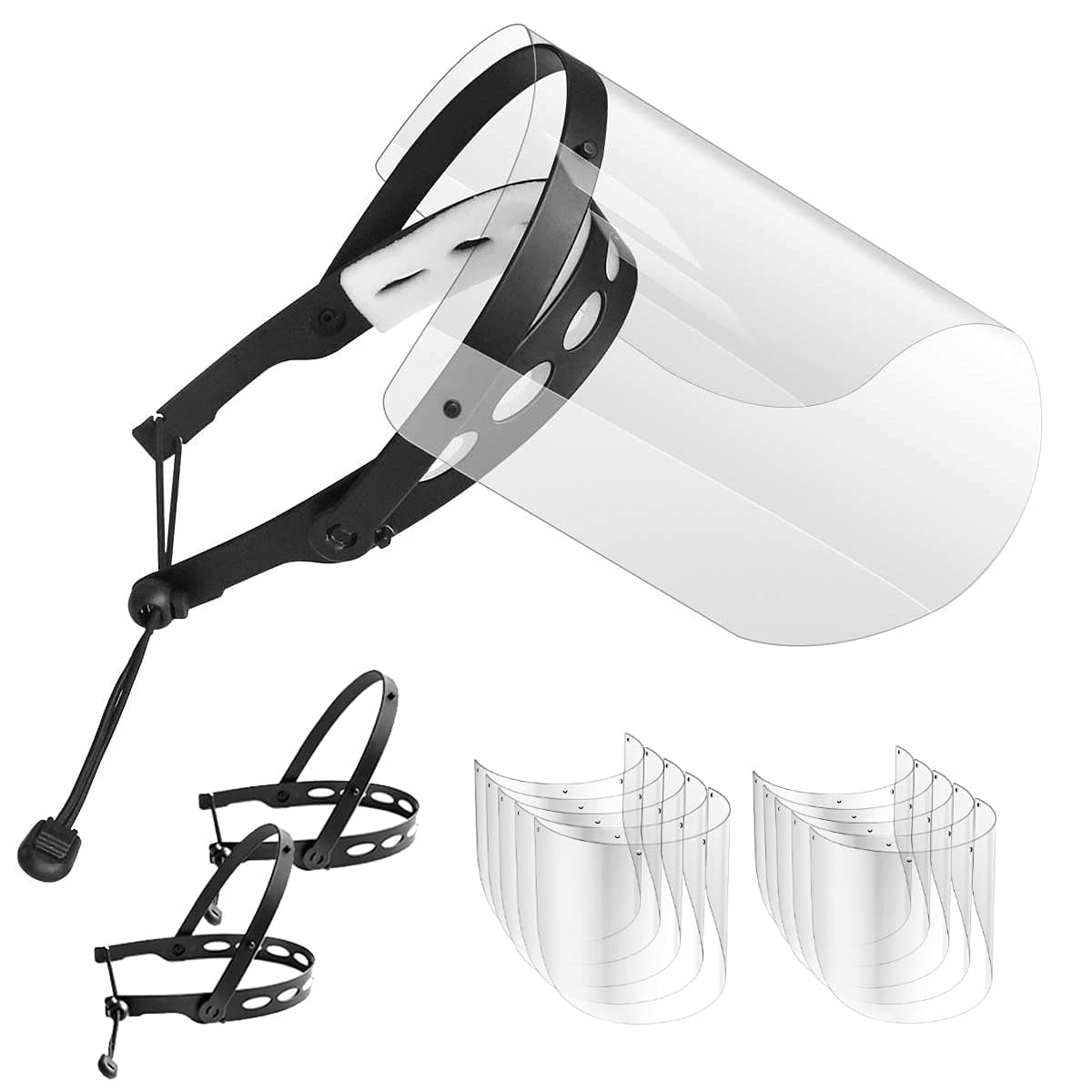Adjustable Face Shield（2pack+10visors）, All-Round Protection Cap with Clear Anti-Fog Shields, Lightweight Transparent Face Shields(2 Support Frame + 10 Replaceable Visors+ 4 Sponge Strips)-Black