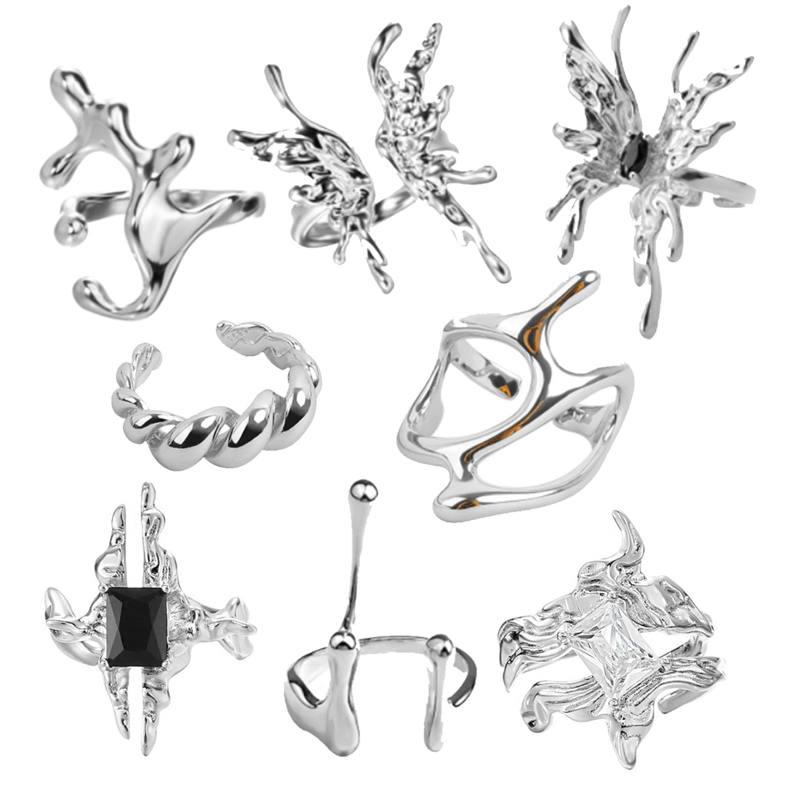 8 Pcs Y2k Rings Sets Vintage Silver Goth Coquette Grunge Chunky Stacking Rings For Women Aesthetic Accessories Jewlery Irregular Open Butterfly Ring Gift