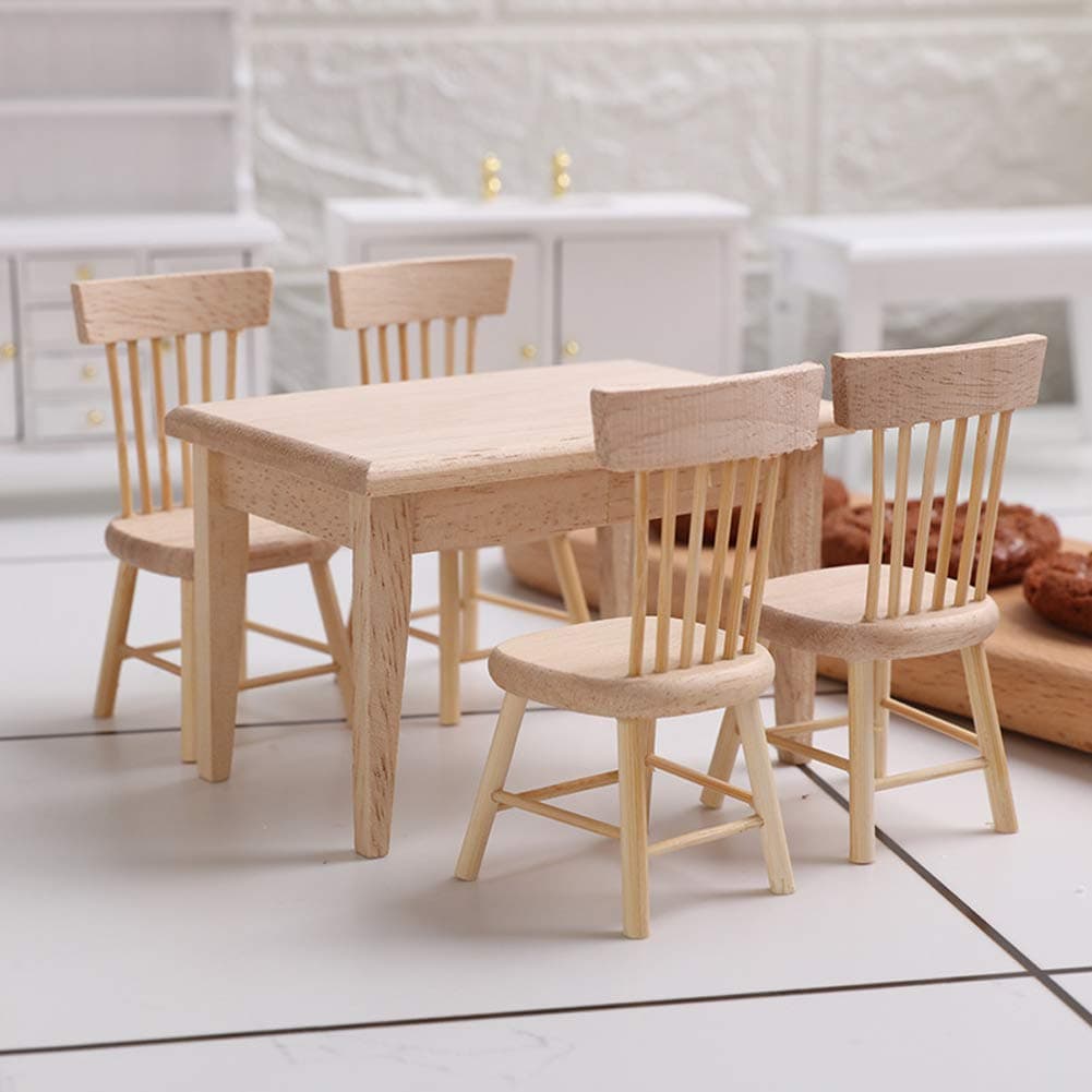 Wooden Dollhouse Furniture of Table & Chair, Miniature Dollhouse Accessories of Dining Room Accessory - 1/12 Scale