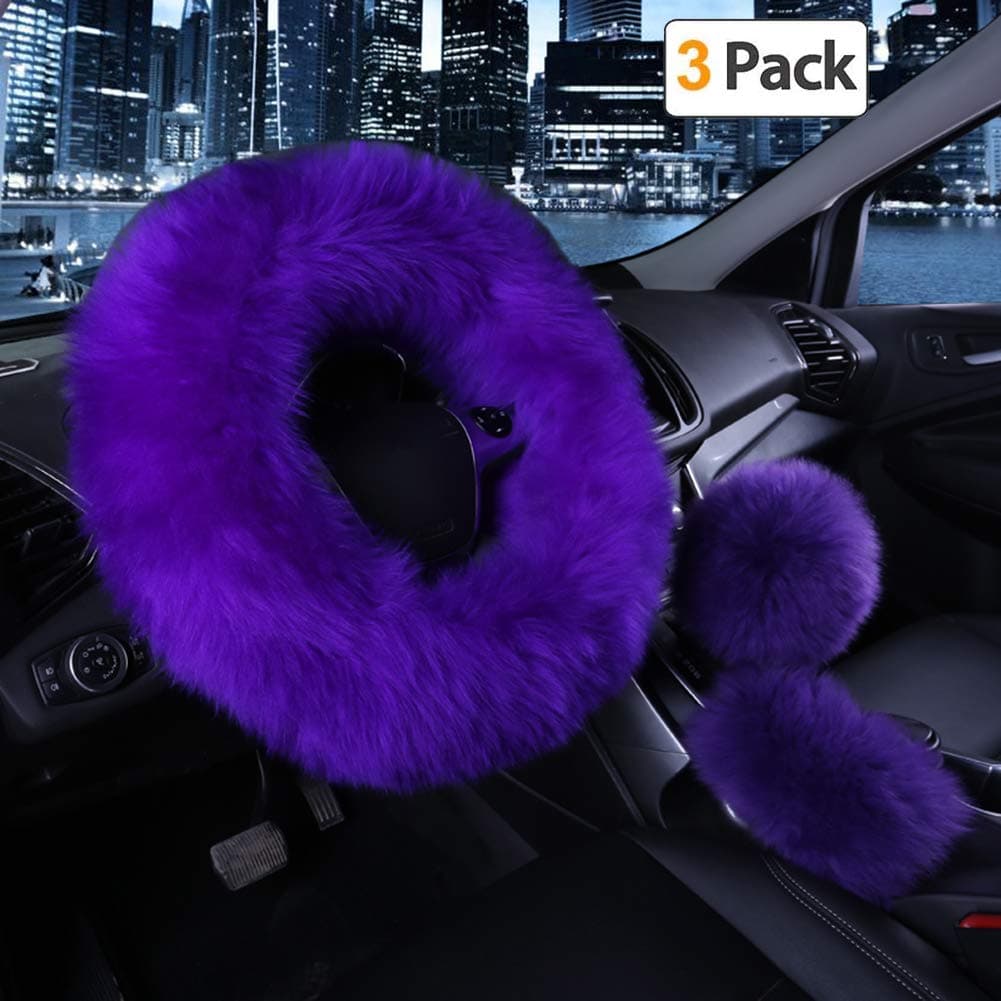 Car Steering Wheel Cover Gear Shift Handbrake Fuzzy Cover 1 Set 3 Pcs Multi-Colored with Winter Warm Pure Wool Fashion for Girl Women Ladies Universal Fit Most Car (Purple)