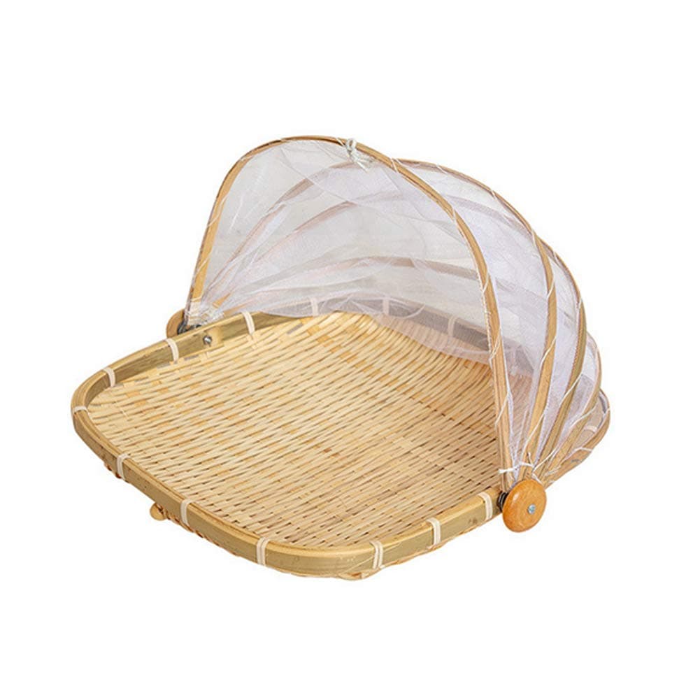 竹製テントバスケット フードサービング、メッシュカバー、手織り 昆虫 防虫 防塵 フルーツ 野菜 パン保存容器 ピクニック、アウトドア、ホーム乾燥用 (正方形、L)
