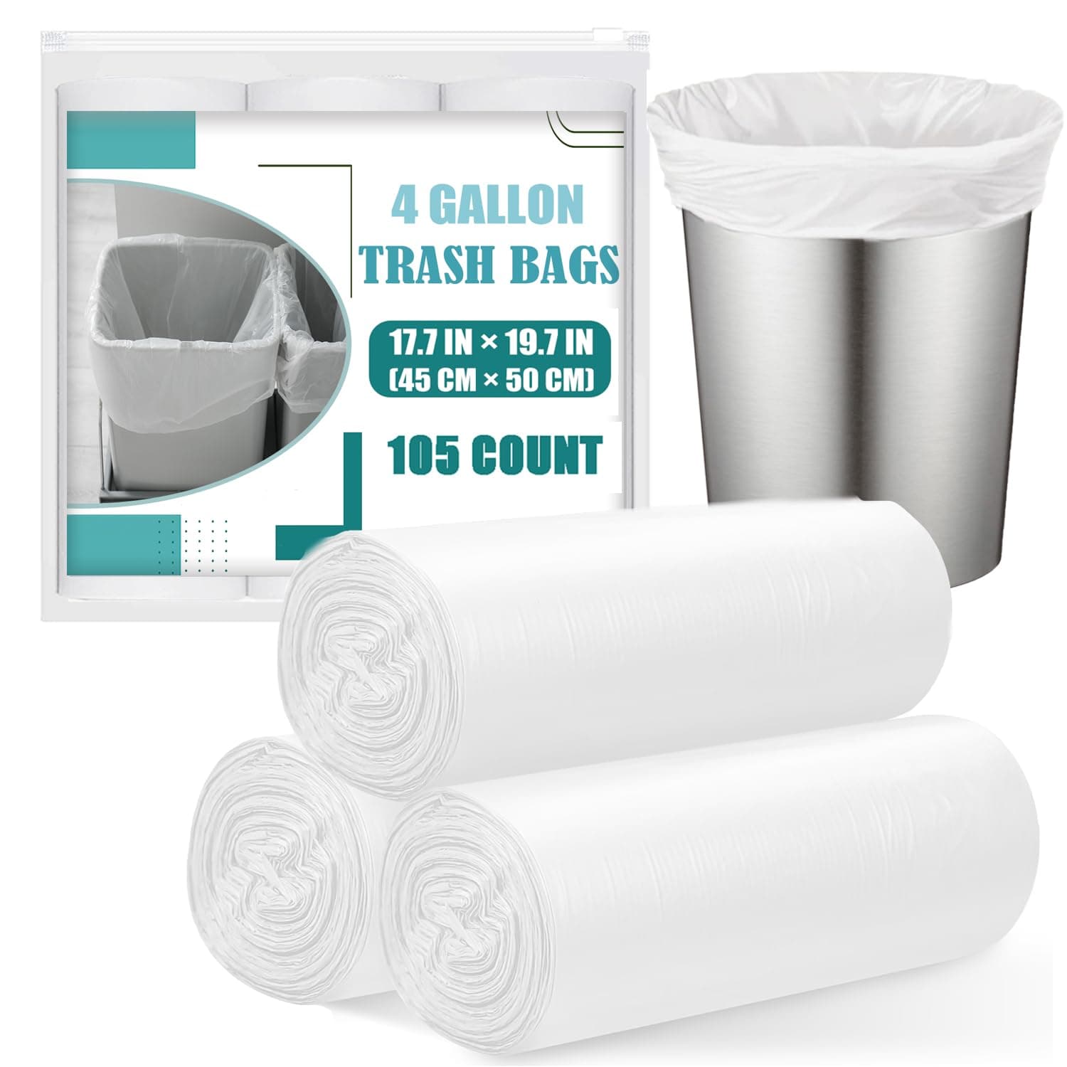 Small Trash Bags 4 Gallon - 105 Count 4 Gallon Trash Bag, Unscented Small Garbage Bags Bathroom Trash Bags, White 4 Gal Small Trash Can Liners