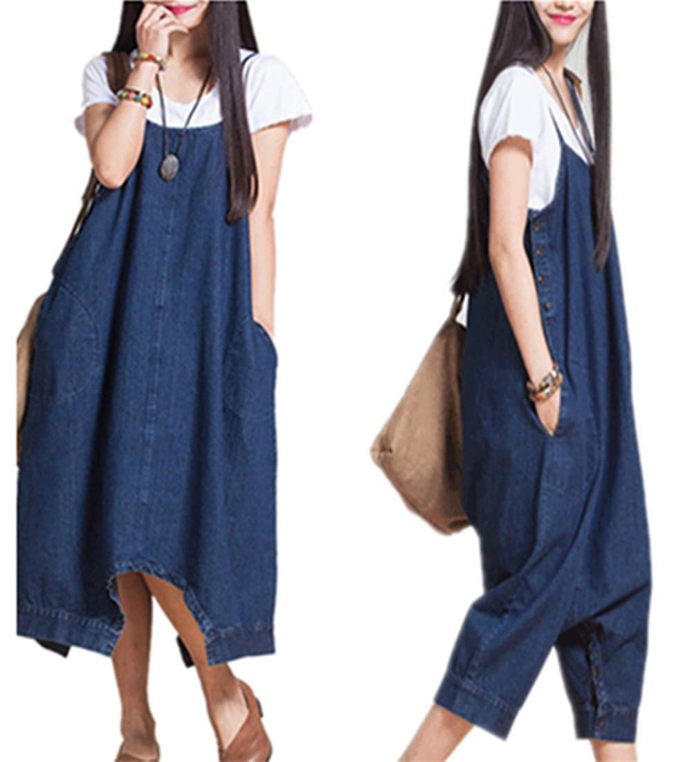 ArtCar Women's Wide Leg Pants Bottom Strapless Denim Jumpsuit Rompers Blue L