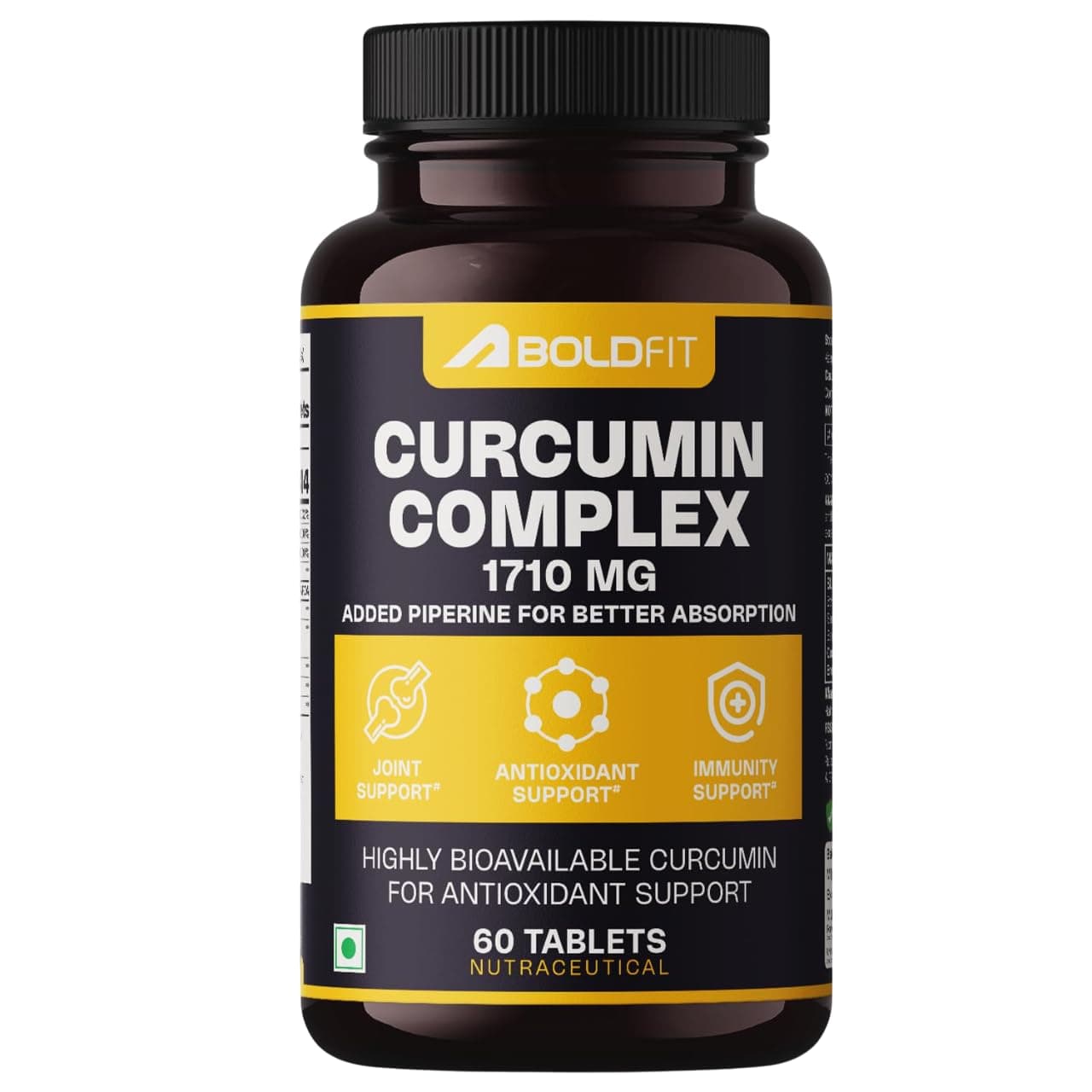 Boldfit C3 Complex Curcumin Tablets 1710mg with 95% Piperine Turmeric ,Curcuma Longa and Ginger Extract Supports Joint Health Inflammation Care and Mobility Plant Based Herbal Supplement for Daily Wellness- 60 Veg Tablets