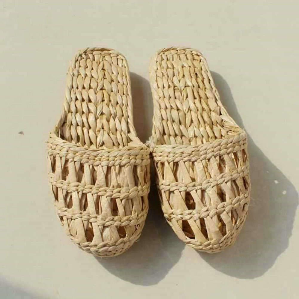 JUN Unisex Handmade Casual Sandals Natural Straw Rattan Woven Slipper Shoes Summer Home Flat Shoes Men Women's Straw Slippers Couple Shoes Massage Sandal (37-38)