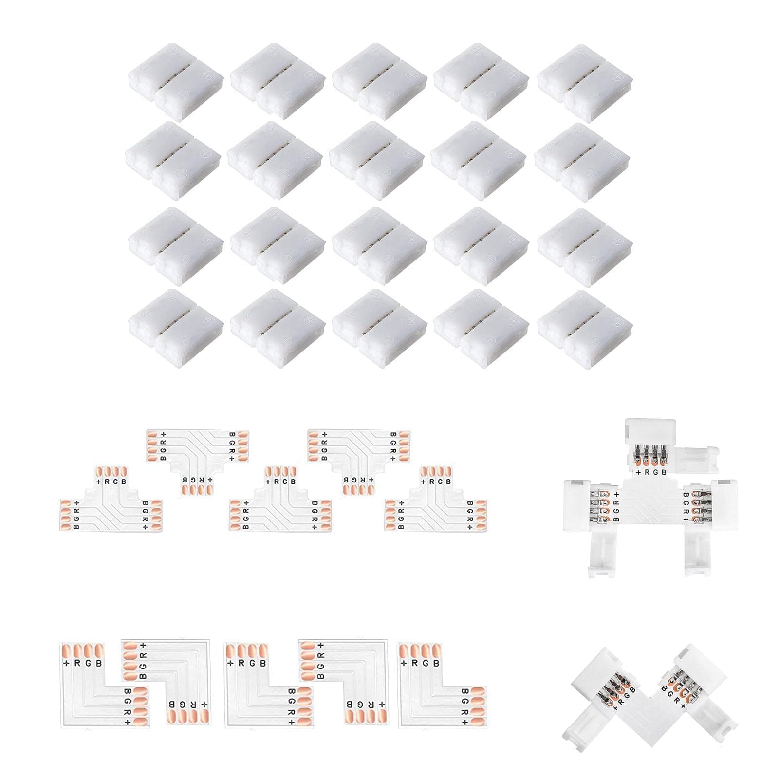 Amefil LED Strip Connectors - 4 Pin Solderless Gapless RGB L Splitter Right Angle & T-Shape Connectors for RGB 3528 2835 Multicolor LED Strip Lights