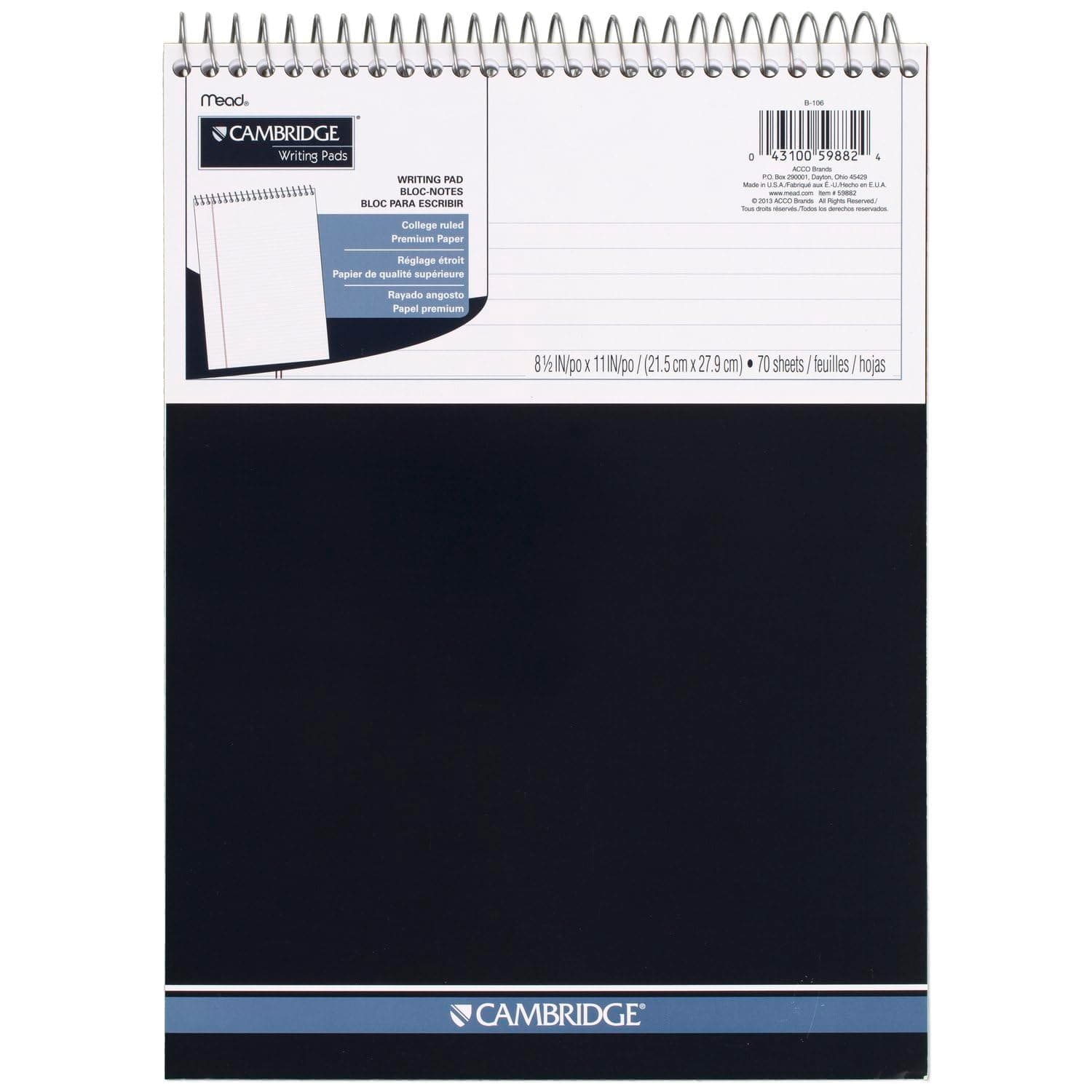 Mead, Top Wirebound Spiral Notebook, College Ruled Memo NotePad, Stiff Back, Durable Cover Business Journal, 8-1/2" x 11", 70 Double-Sided Sheets, Navy (59882), White