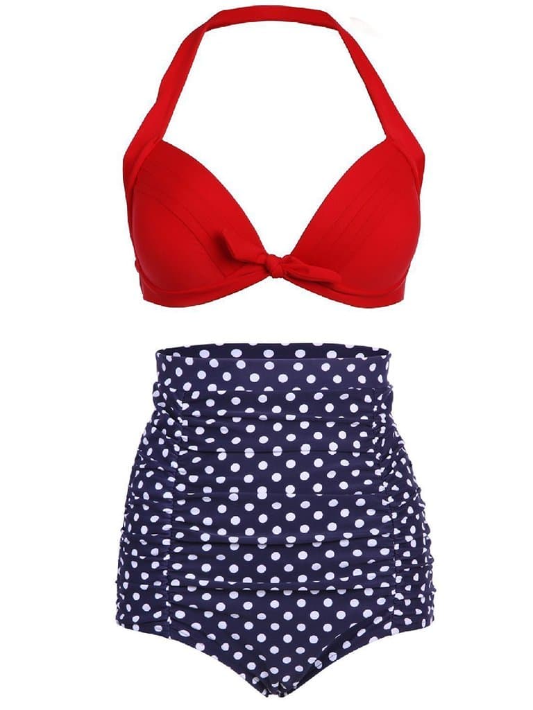 Zando Women's Retro 50s Vintage Halter High Waist Bikini Ruched Bathing Suits (A Red Top/White Dots&Blue,L)