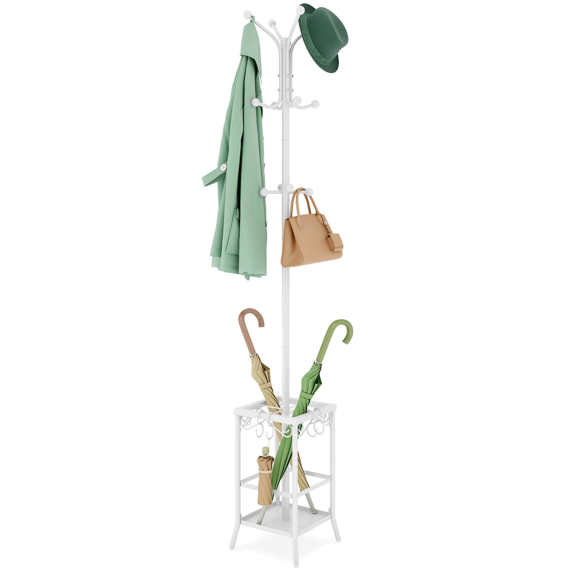 Hoctieon Coat Rack Freestanding, Coat Tree with Umbrella Holder, Metal Coat Rack Stand with 12 Hooks, Standing Coat Hanger Stand, Umbrella Stand for Entryway, Hat Rack Stand for Home Office, White