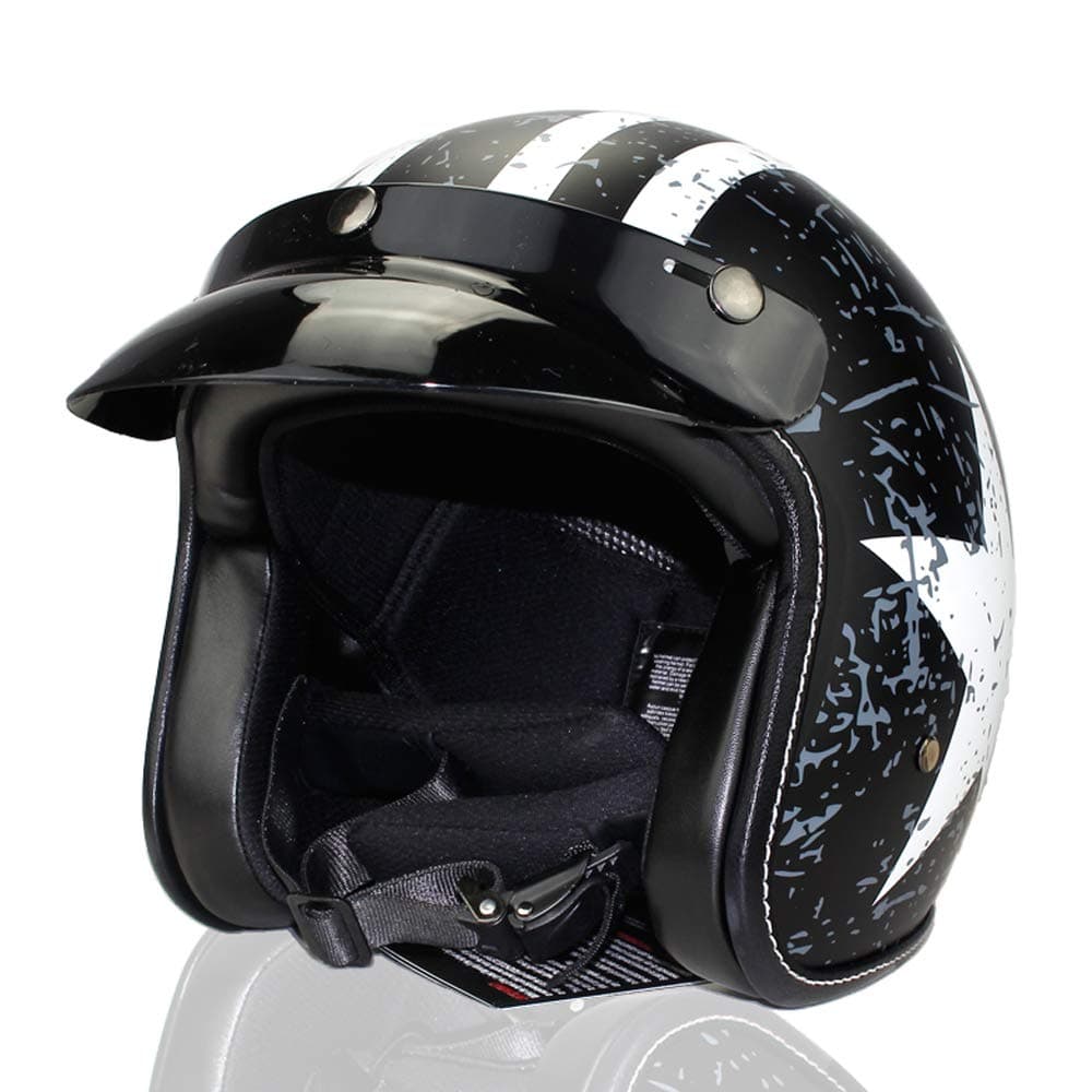 Woljay3/4 Open Face Helmet, Motorcycle Helmet Flat with Rebel Black + White Star Graphic