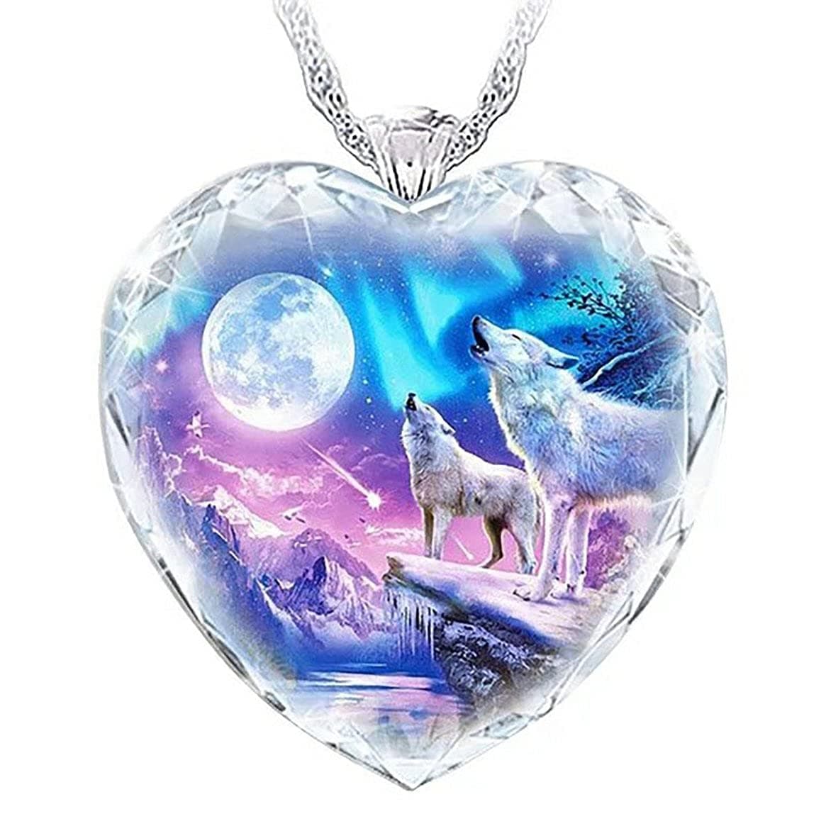 925 Pure Silver Crystal Sparkle Gem Necklace Wolf Pendant Elegant Jewelry Snow Wolf Moon Heart Necklace Gift Couple Gifts - Crystal