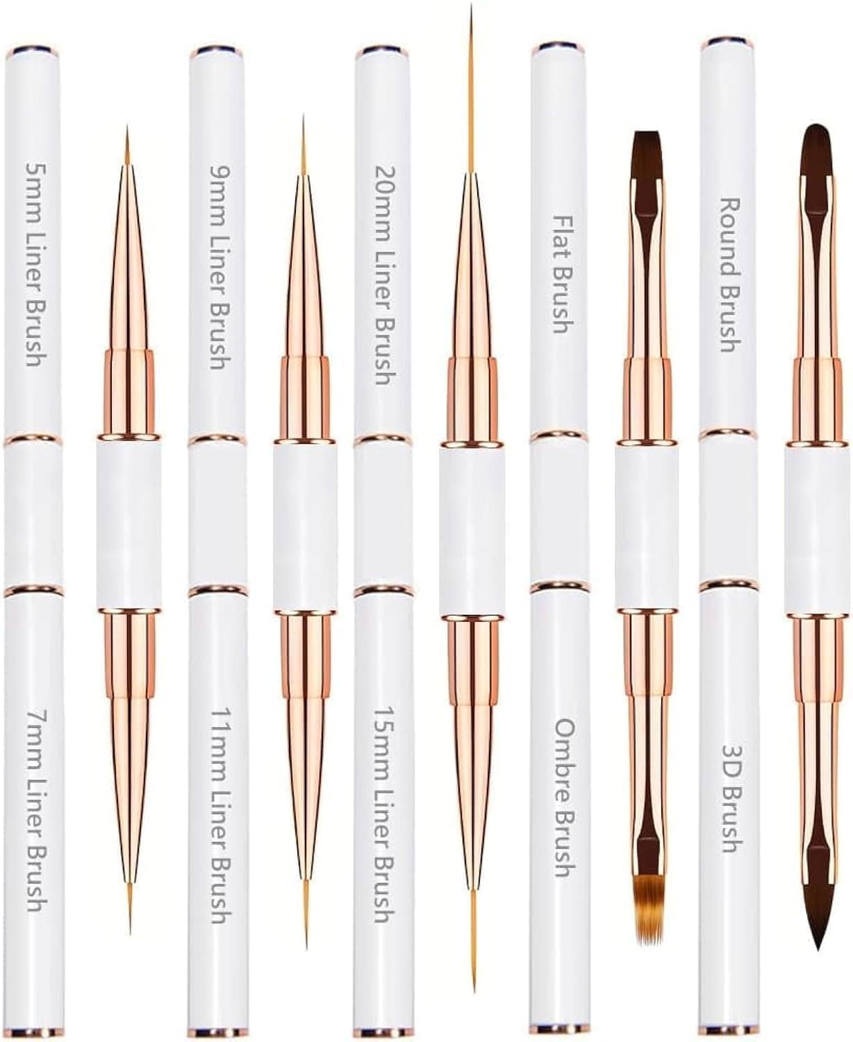 Professional 5pcs Double-Ended Acrylic Nail Brushes - Liner, Detail, Gel Builder, 3D Nail Art Tools (White)