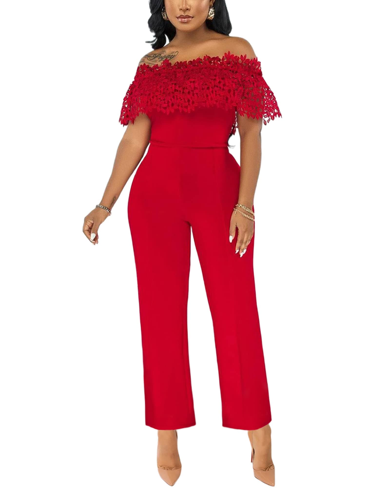 Women’s Off Shoulder Lace Top Long Wide Leg High Waisted Jumpsuits Rompers