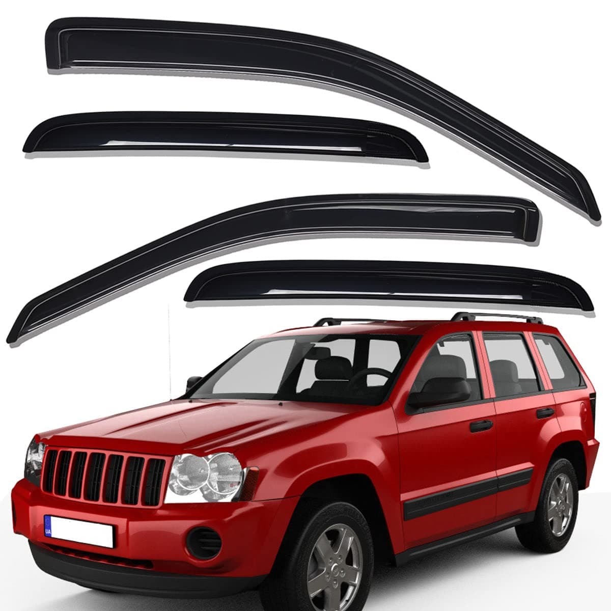 Lightronic Extra Durable Outside-Mount Auto Vent Window Visor, Fits 2005-2010 Jeep Grand Cherokee, UV Protection Rain Guard, Original Wind Deflector, No-Drill Easy Install, Dark Smoke, 4-Pcs